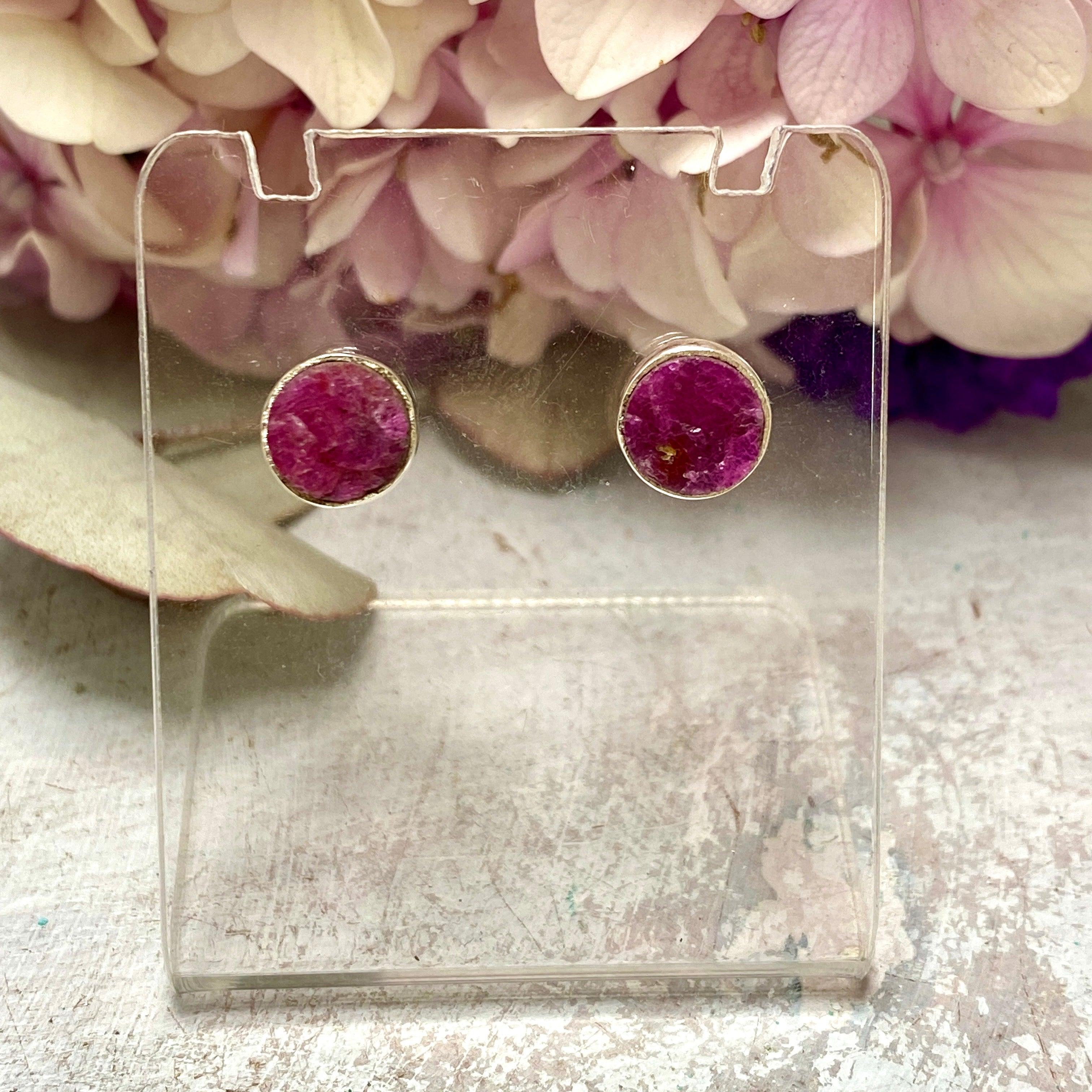 Natural Ruby Raw Round Stud Earrings KEGJ1254 – Handmade Gemstone Jewelry for Women, Perfect for Everyday Wear & Special Occasions