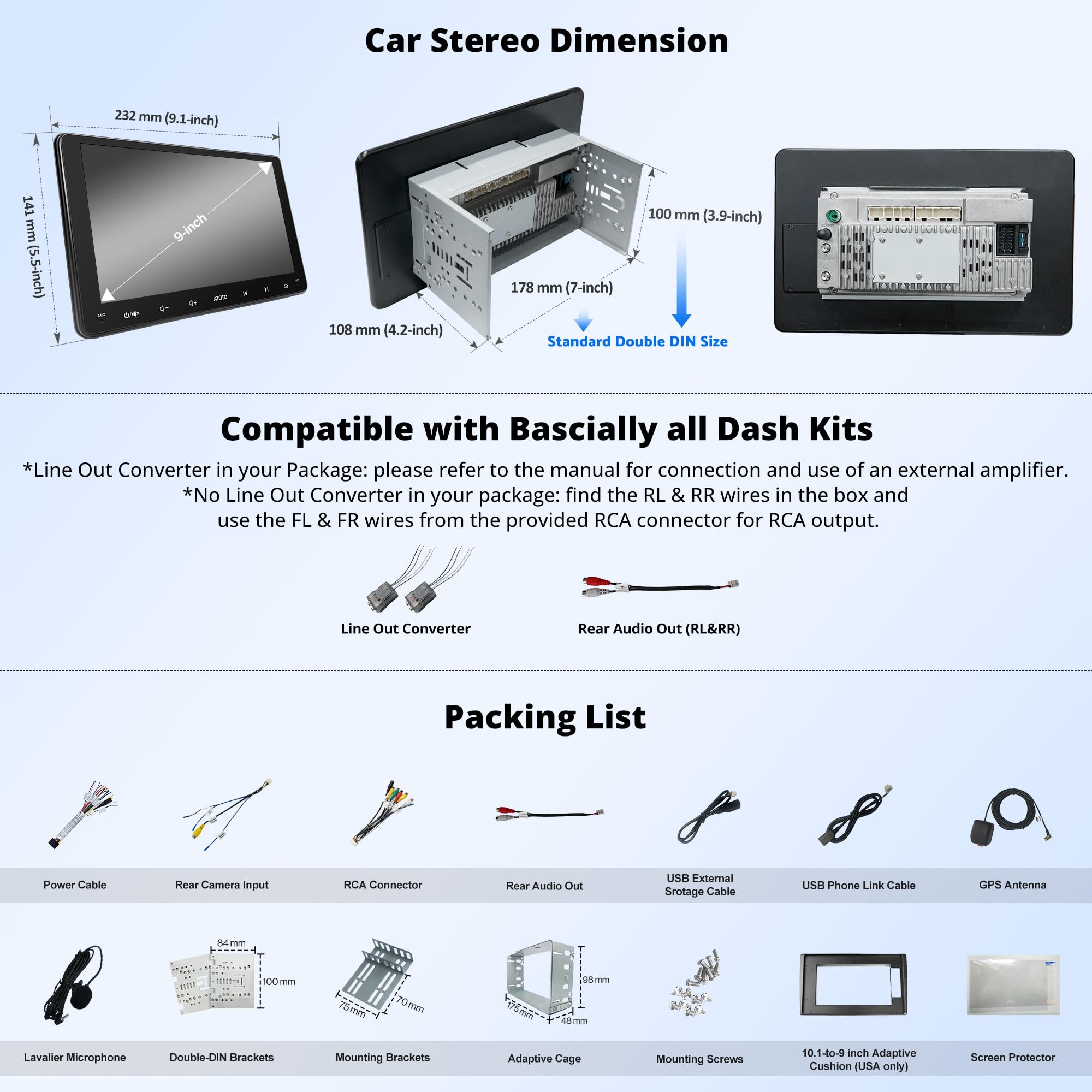ATOTO 9 Inch Android Car Stereo Double Din Head Unit with Dash & Rear View Camera - 2GB RAM 32GB ROM, Wireless Apple CarPlay & Android Auto, Mirror Link, GPS Navigation, Dual Bluetooth, WiFi/BT/USB Tethering, HD LRV - Perfect for Road Trips & Daily Commuting