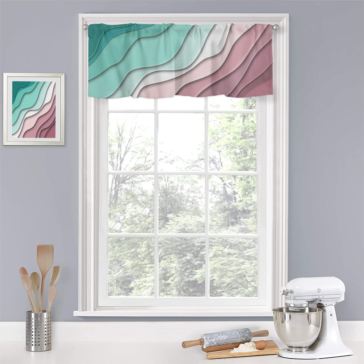 Modern Geometric Rod Pocket Valance - Green Abstract Beach Design Window Treatment (54