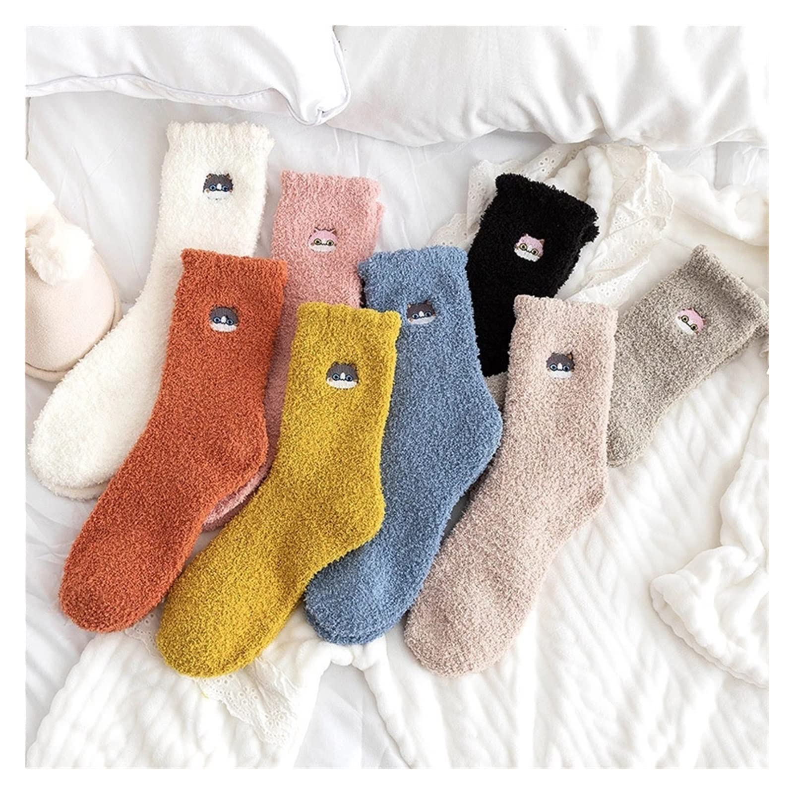 LIUZH Women's Thick Winter Socks - Coral Fleece Thermal Socks with Embroidery, Mid-Calf Warm Towel Slipper Socks for Home & Office (One Size, Color A) - Perfect for Cold Weather, Indoor Comfort & Cozy Lounging