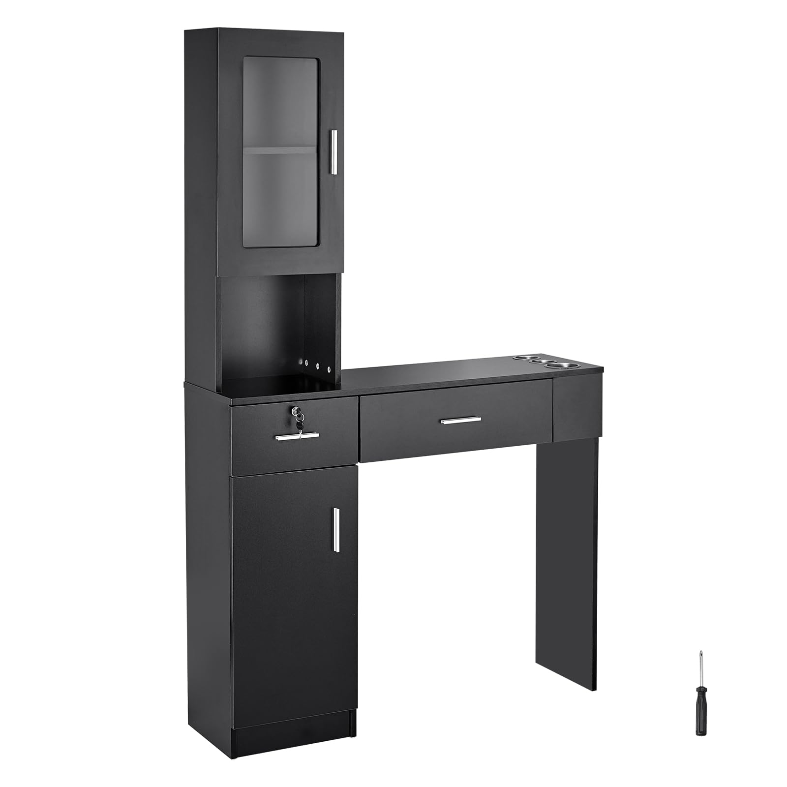 VEVOR Wall Mount Salon Station for Hair Stylists & Barbers - Black Beauty Spa Furniture with Storage Cabinet, 3 Cubbies & 2 Drawers (1 Lockable) - Perfect for Home Salons, Barber Shops & Professional Styling Stations