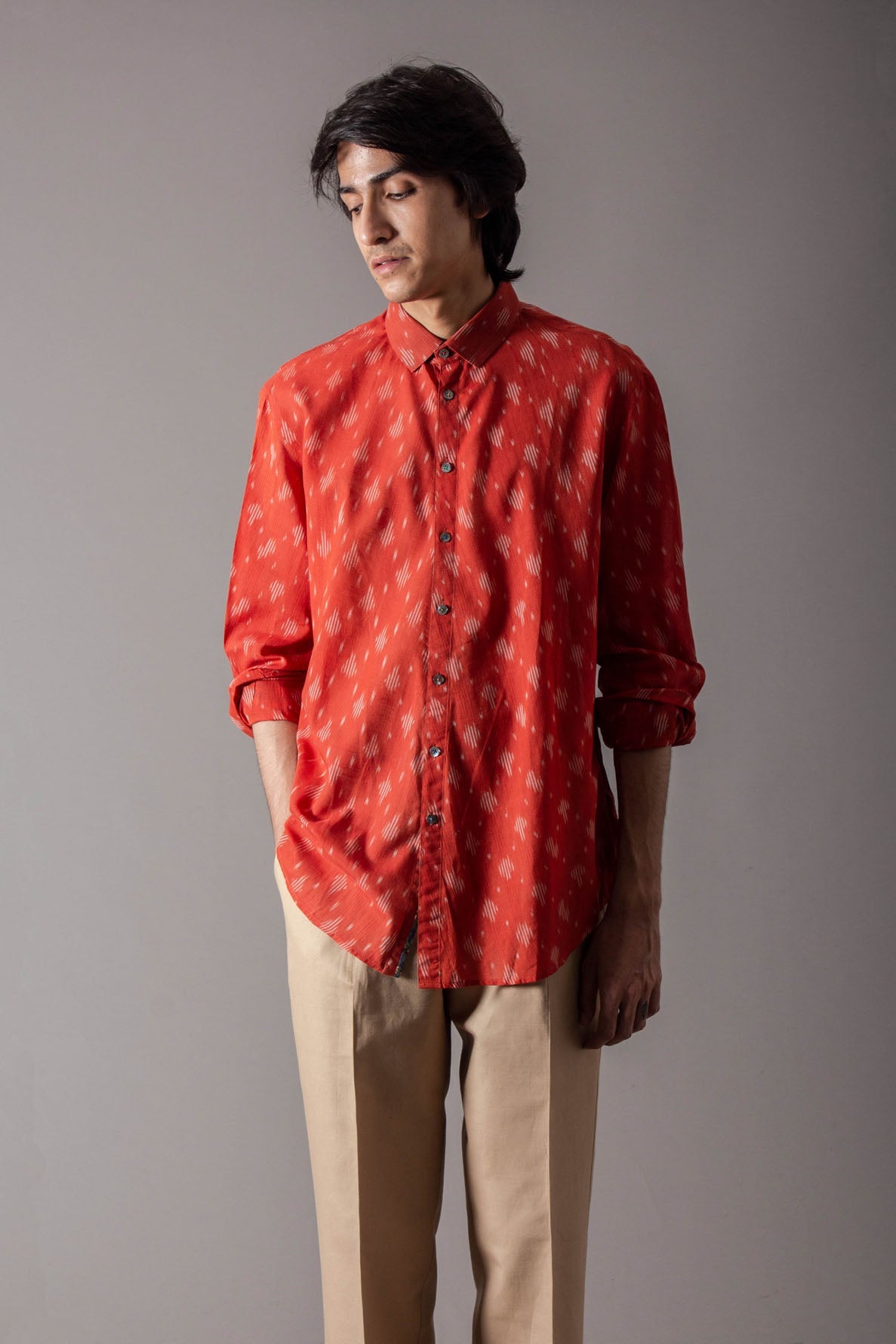 Ramleela Cotton Rust Ikat Shirt for Men - Comfortable & Stylish Casual Wear for Festivals, Parties, and Everyday Outfits