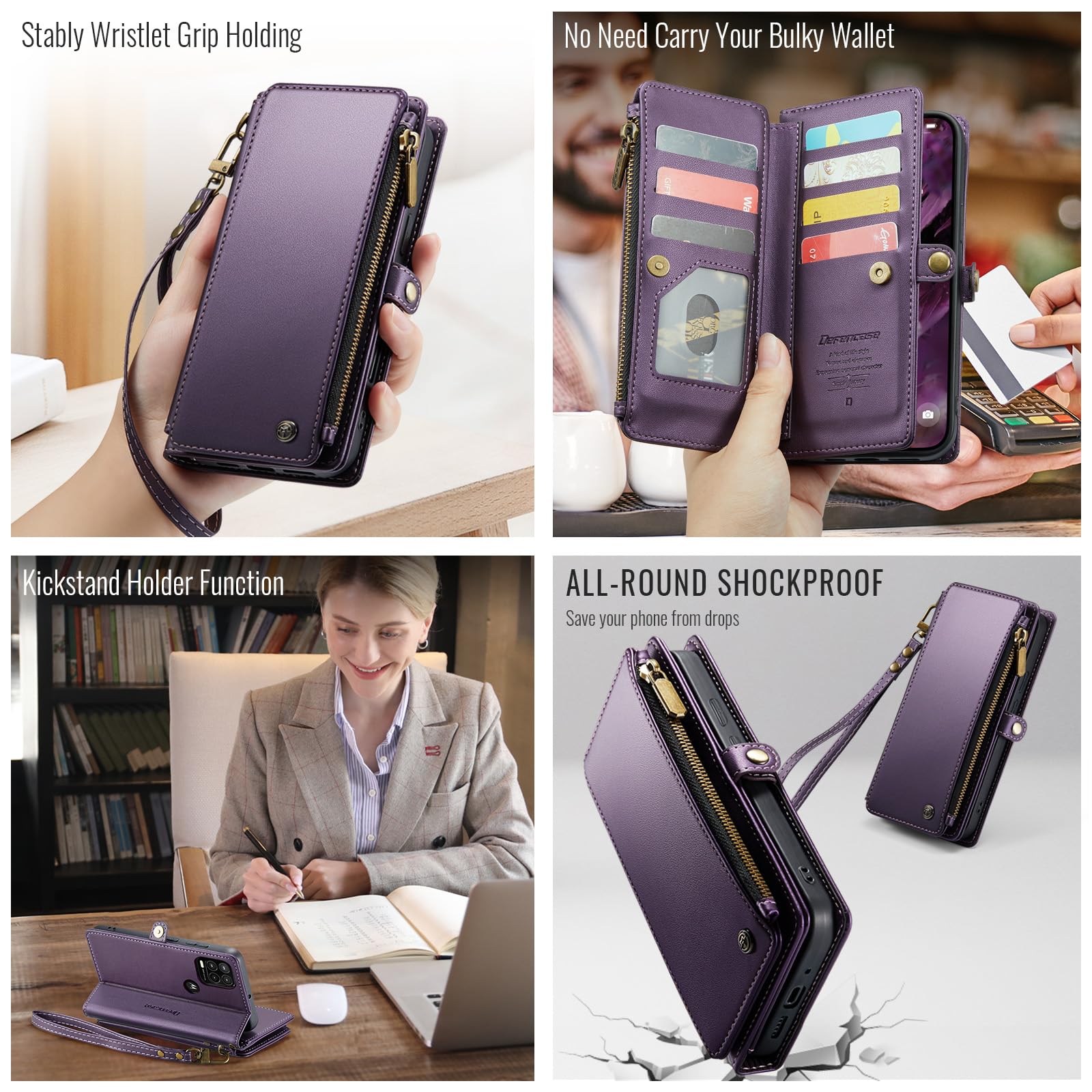 Defencase RFID Blocking Wallet Case for Motorola Moto G Stylus 5G (2021) - Premium PU Leather Magnetic Flip Cover with Card Holder & Zipper Pocket - Perfect for Everyday Use, Travel & Business (Purple)
