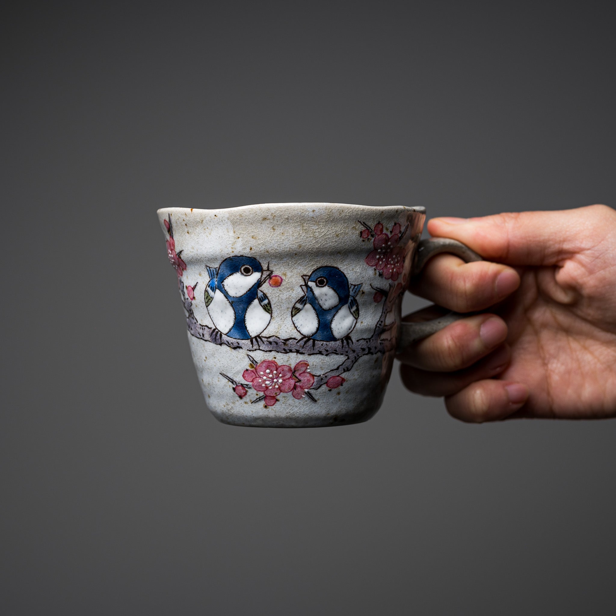 Kutani Ware Pair Mug Cup - Japanese Tit and Sparrow Design - Handcrafted Japanese Ceramic Coffee Tea Cups - Perfect for Home, Office & Gift Giving