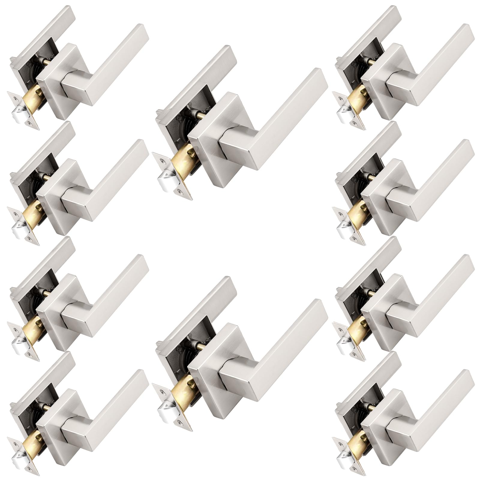 Probrico 10-Pack Brushed Nickel Passage Door Levers with Lock - Heavy Duty Square Interior Door Handles for Left & Right Handed Doors (Keyless) - Perfect for Closet, Hallway, Bedroom & Office Doors