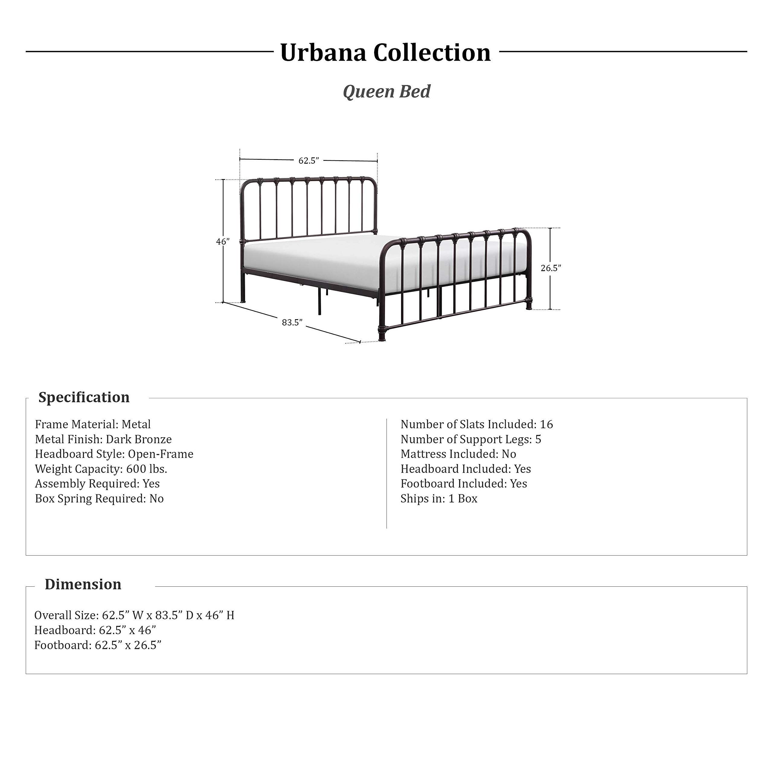Lexicon Queen Metal Bed Frame with Headboard - Sturdy Metal Slat Support & Under Bed Storage - No Box Spring Needed - Easy Assembly - Dark Bronze - Perfect for Bedrooms, Guest Rooms & Dormitories