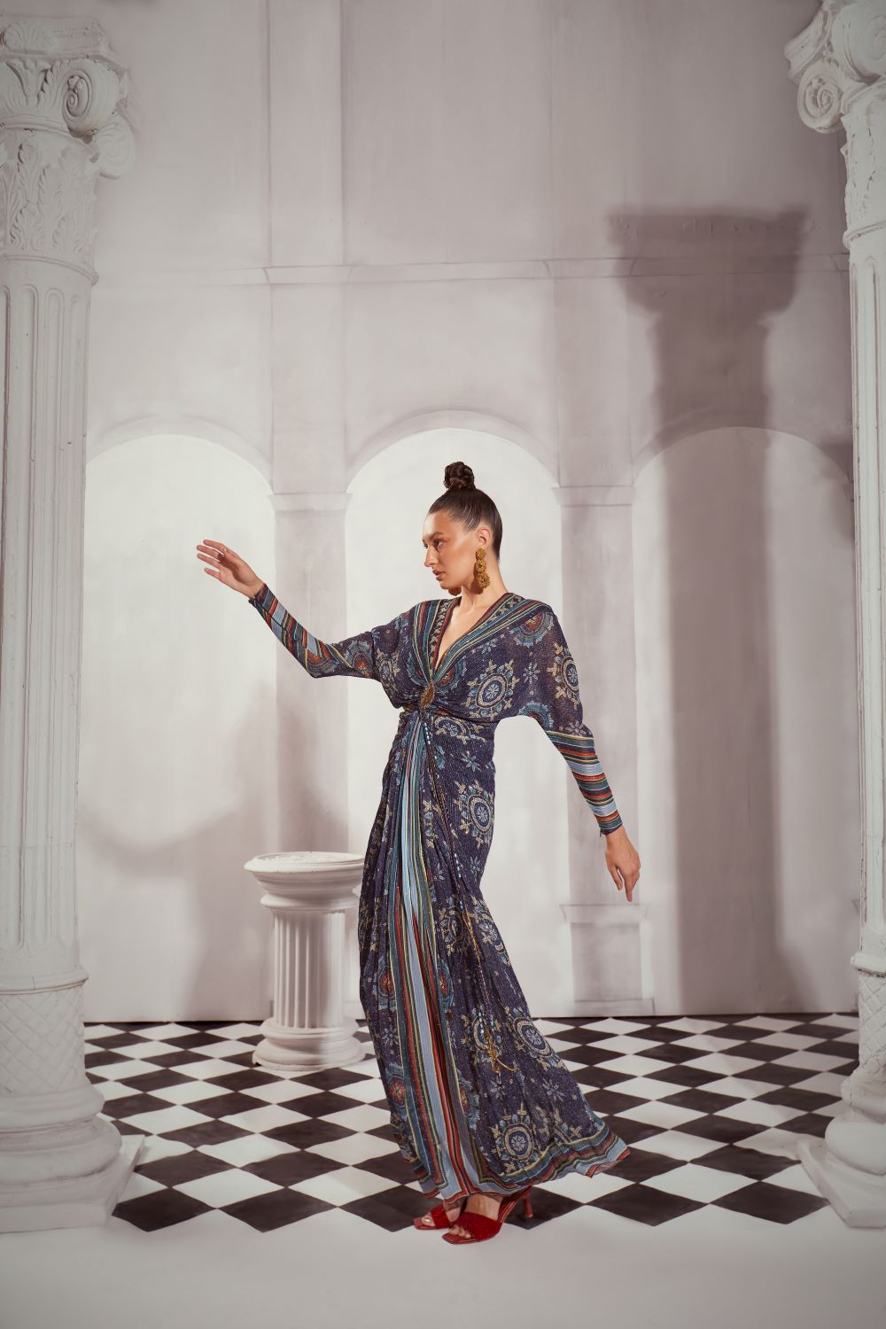 Elegant Blue Mosaic Print Draped Maxi Dress for Women - Boho Chic Flowy Beach Dress for Summer Vacation & Party Wear