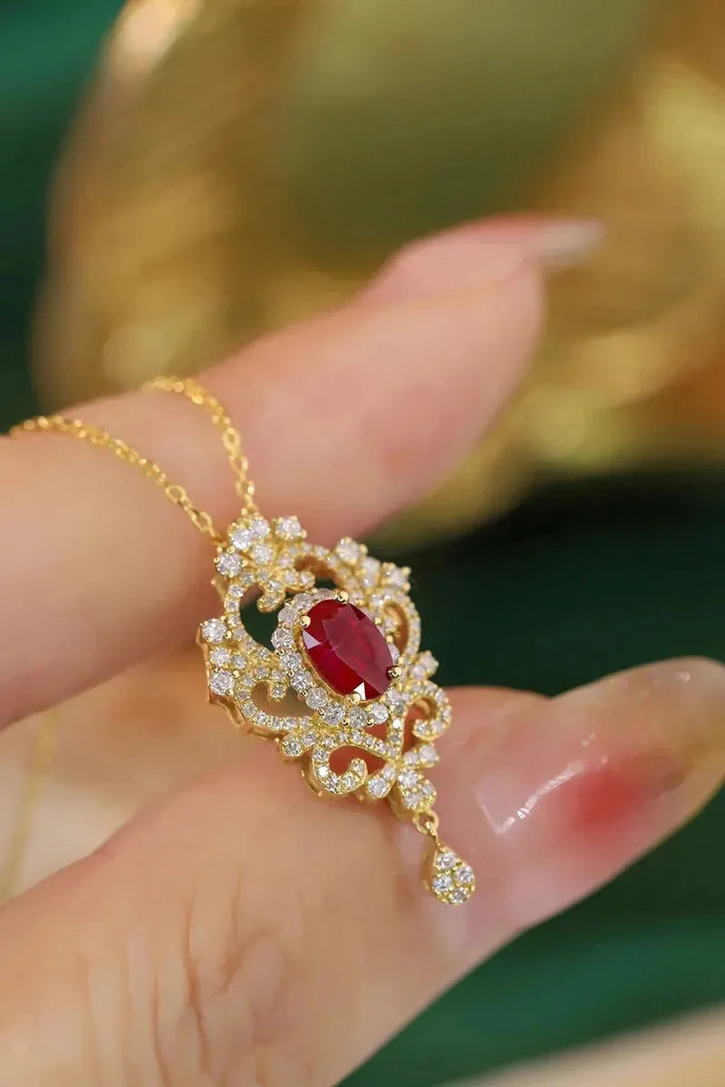 18K Yellow Gold Necklace with Real Natural Ruby & Diamond - Elegant Tassel Pendant for Women | Luxury Fine Jewelry Gift for Anniversary, Birthday & Special Occasions