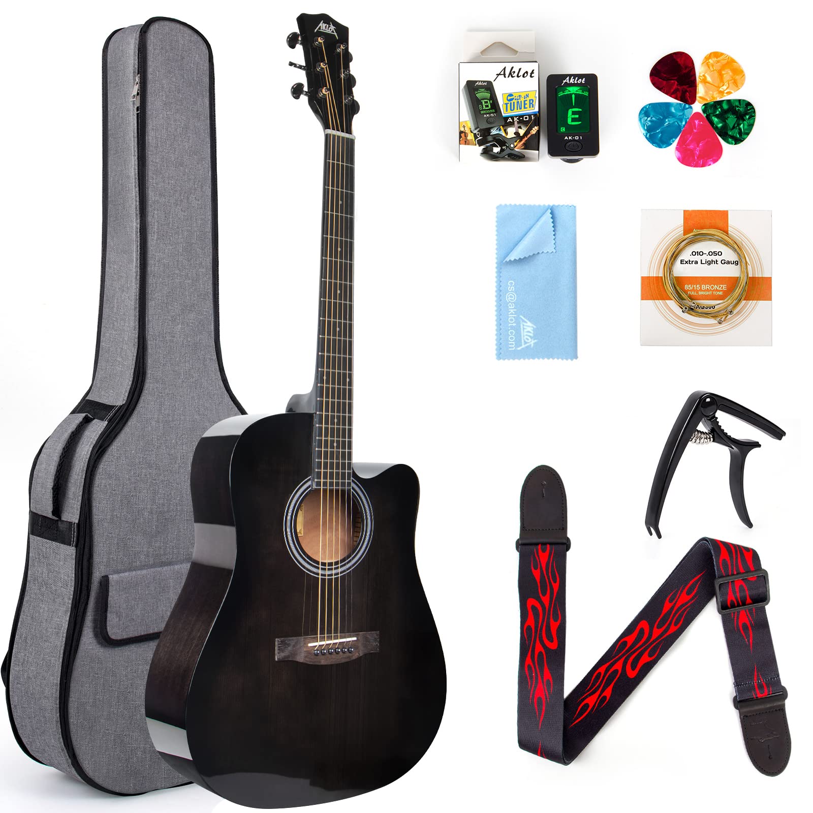 AKLOT 4/4 Full Size Cutaway Acoustic Guitar for Beginners - Folk Style Starter Kit with Gig Bag, Tuner & Accessories - Perfect for Home Practice, Campfire Singalongs & Music Lessons