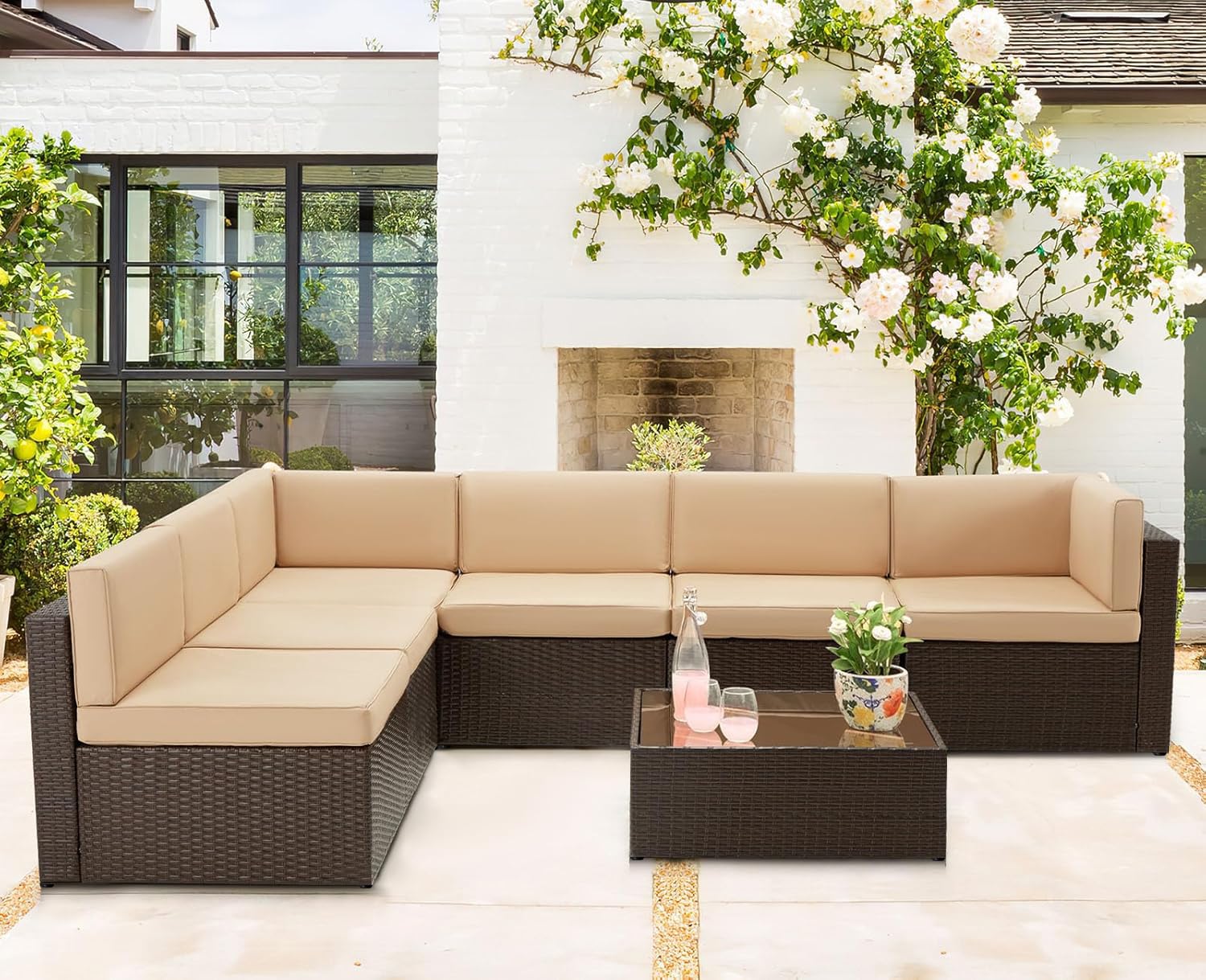U-MAX 7-Piece Outdoor Patio Furniture Set - PE Rattan Wicker Sofa Sectional with Cushions & Coffee Table - Brown - Perfect for Garden, Backyard, Poolside & Balcony Relaxation