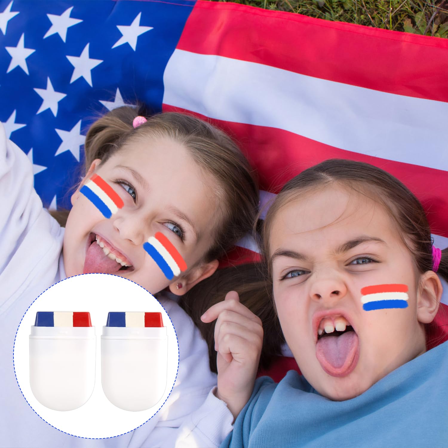 2 Pack Patriotic 4th of July Face Paint Sticks - Red White & Blue USA Flag Design for Softball, Baseball, Sports Events & Independence Day Celebrations - Safe for Men, Women & Kids - Perfect for Team Spirit, Game Days & National Holidays