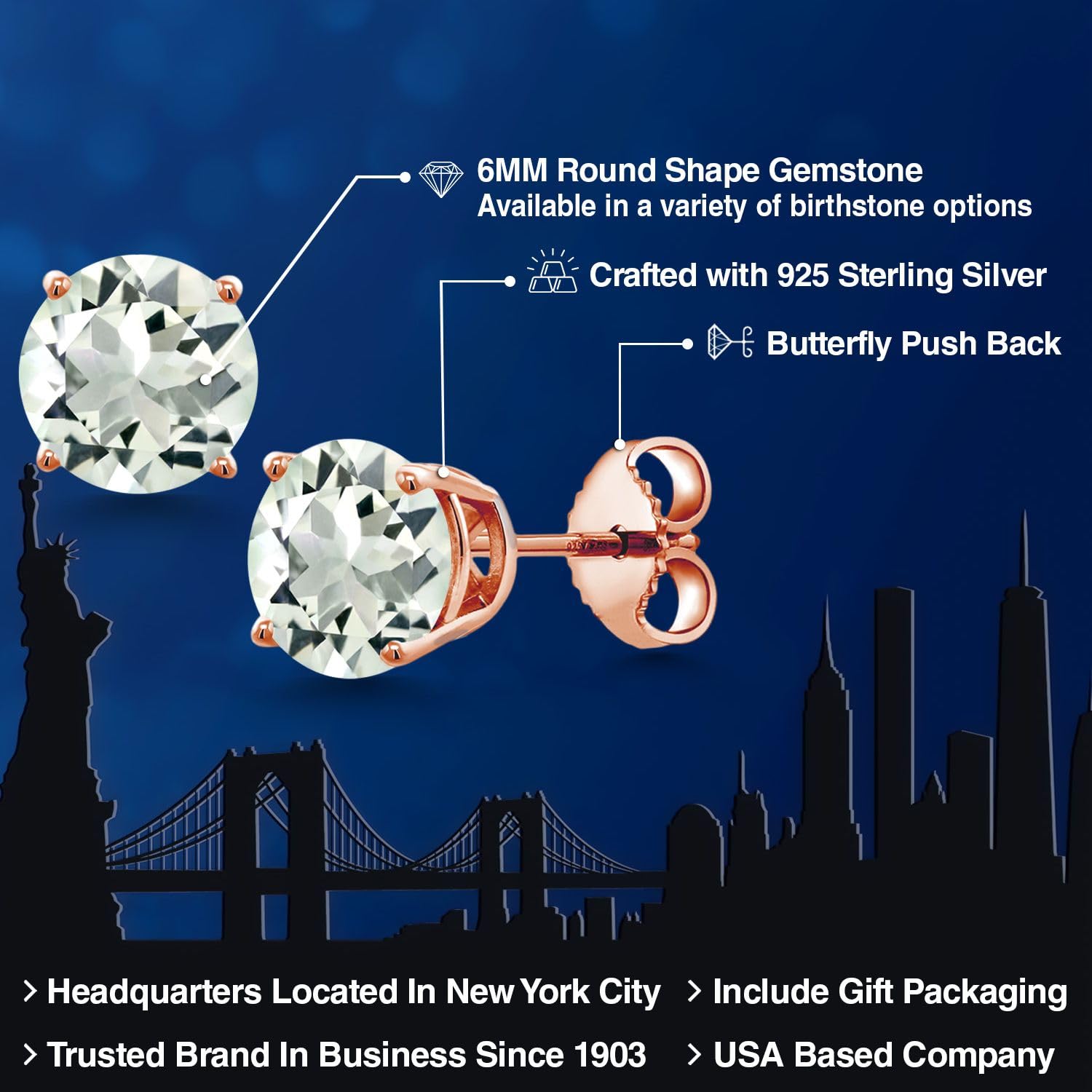Gem Stone King 18K Rose Gold Plated Sterling Silver 6MM Round Birthstone Stud Earrings for Women & Men | Personalized Jewelry Gift for Birthday, Anniversary & Special Occasions