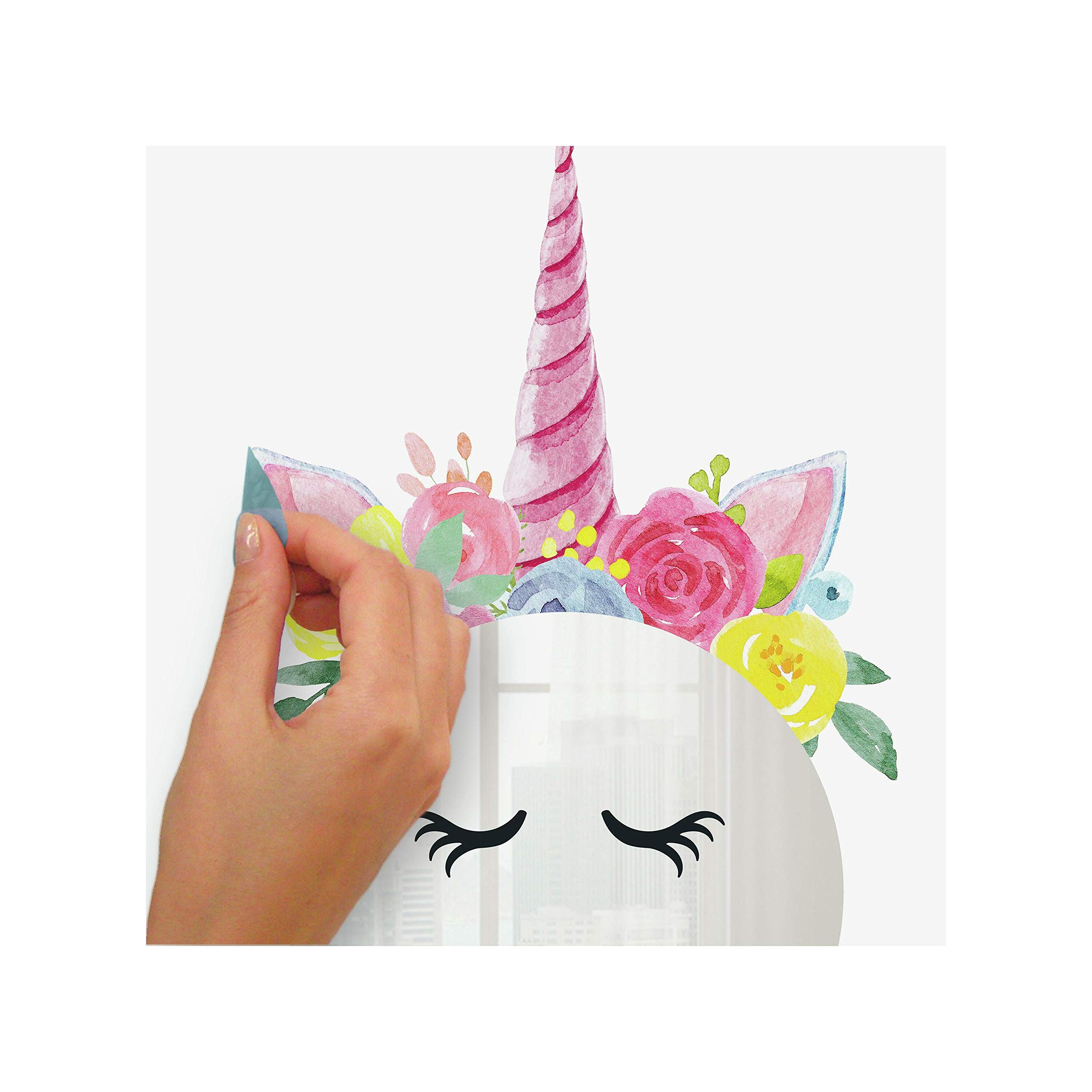 RoomMates RMK4204BX Floral Unicorn Peel and Stick Wall Decal with Mirror - Self-Adhesive Wall Stickers for Kids Bedroom, Nursery, Playroom Decor