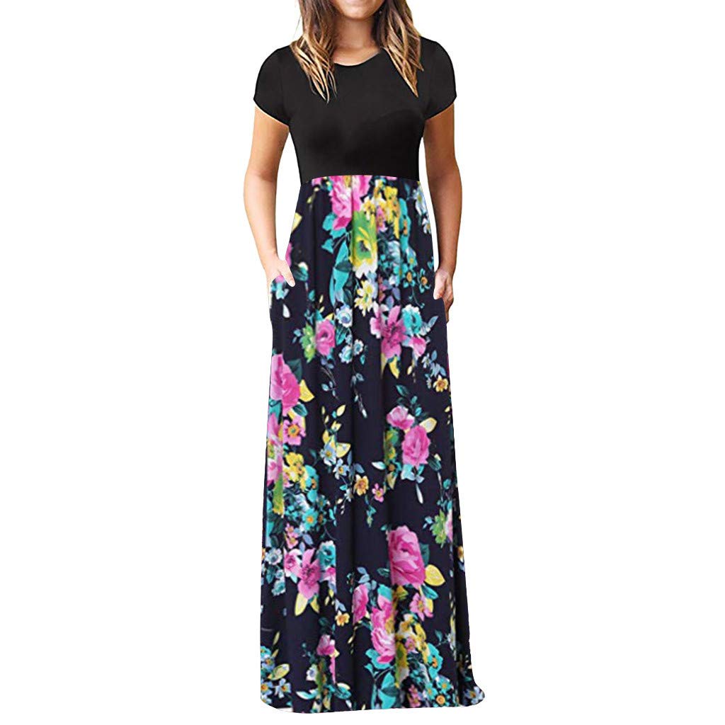 Melupa Women's Casual Short Sleeve Loose Maxi Dresses with Pockets - Flowy Summer Beach Dress for Vacation, Outdoor Parties & Everyday Wear