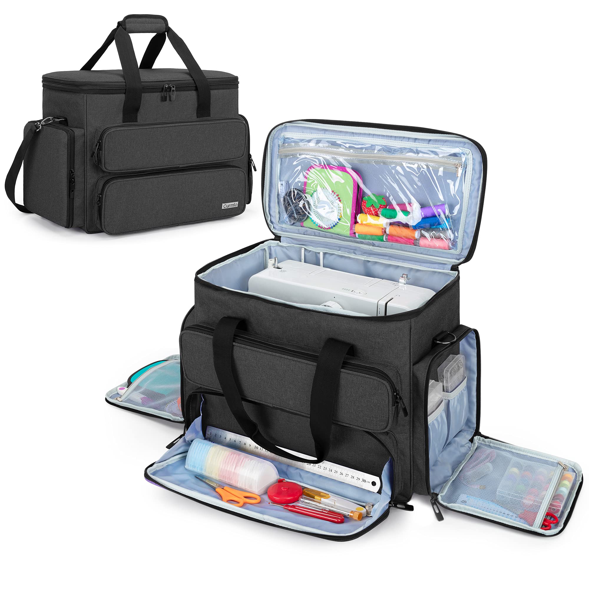 CURMIO Portable Sewing Machine Carrying Case - Universal Travel Tote Bag with Multiple Pockets & Compartments for Sewing Accessories (Black, Patent Design) - Perfect for Home Use, Sewing Classes, and Traveling with Your Sewing Machine