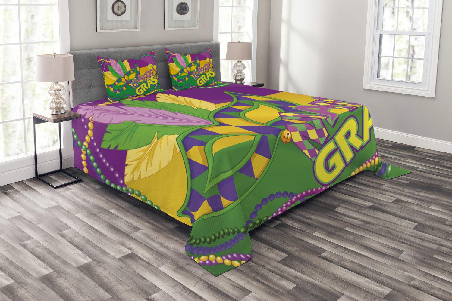 Ambesonne Mardi Gras King Size 3-Piece Bedspread Set with 2 Pillow Shams - Vibrant Lime Green & Magenta Design Featuring Colorful Bands, Beads, Feathers and Crown Patterns - Perfect for Carnival Themed Bedrooms, Party Decorations and Festive Home Styling