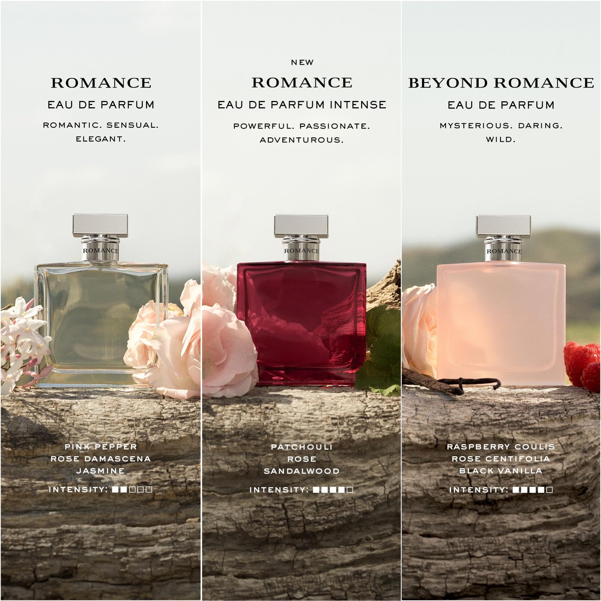 RALPH LAUREN Romance Discovery Women's Perfume Gift Set - 3 Travel Size Fragrances (Romance EDP, Beyond Romance, Romance Intense) 0.3 Fl Oz Each - Perfect for Gifts, Travel & Everyday Elegance