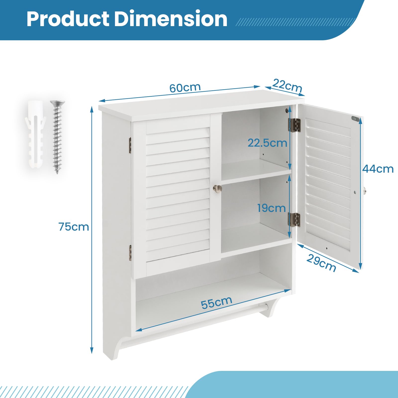 LIFEZEAL Wooden Wall Mounted Bathroom Storage Cabinet with 2 Doors & 3 Shelves - Adjustable Space-Saving Design with Towel Rack, Holds Up to 30kg (60x22x75cm, White) - Perfect for Small Bathrooms, Apartments & Vanity Organization