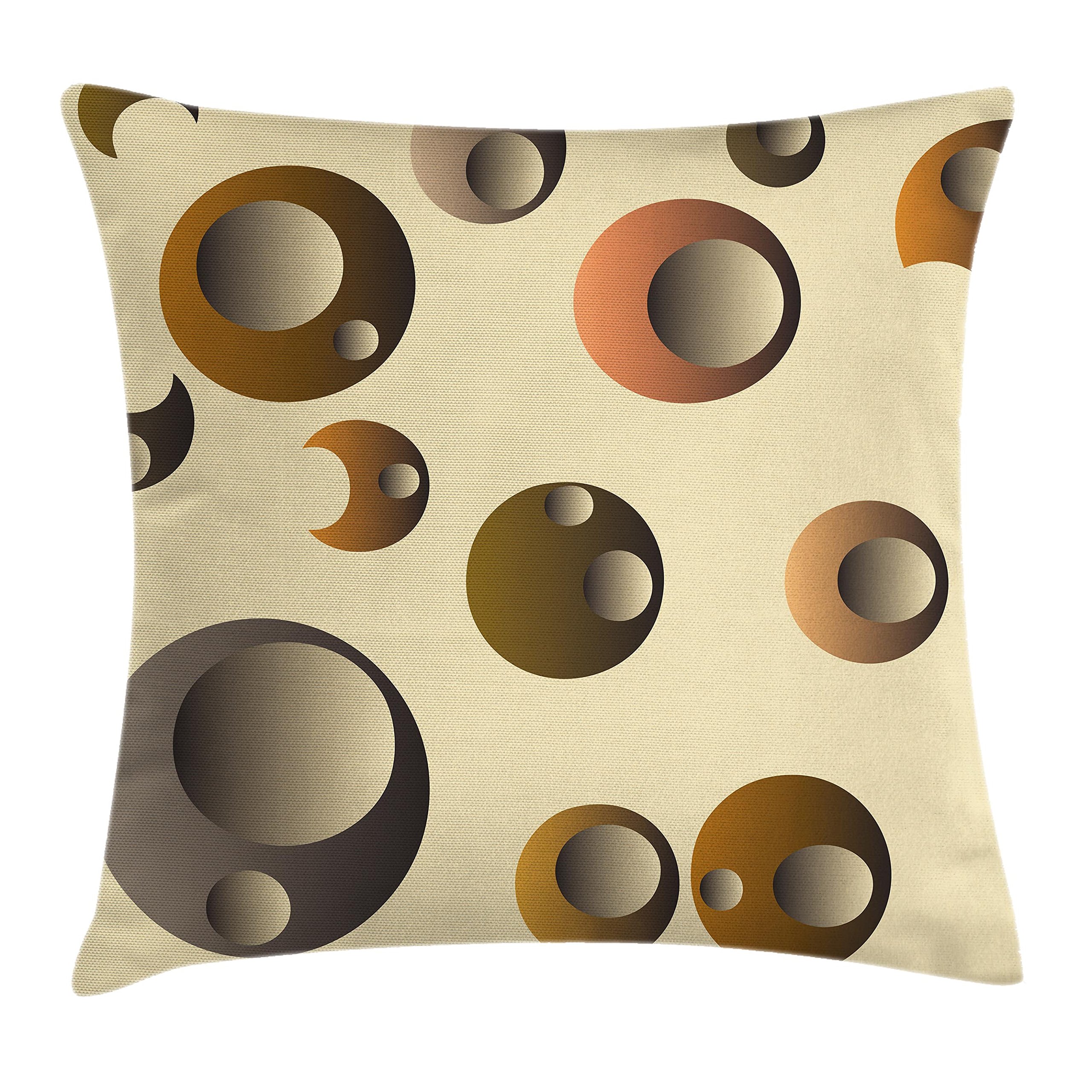 Ambesonne Retro Abstract Throw Pillow Cover - Funky Bubbles Round Disc Design, Decorative Square Accent Cushion Case 26x26 Inches, Cream Grey Caramel Pale Brown - Perfect for Living Room, Bedroom & Home Decor