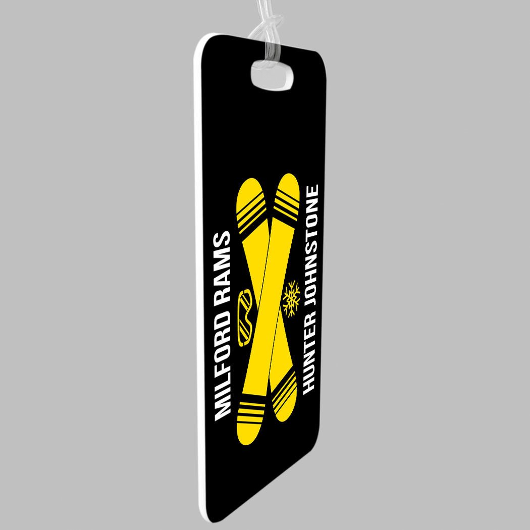 Personalized Snowboard Luggage Tag with Crossed Boards Design - Large Black & Yellow Bag Tag for Travel | Perfect for Ski Trips & Winter Vacations