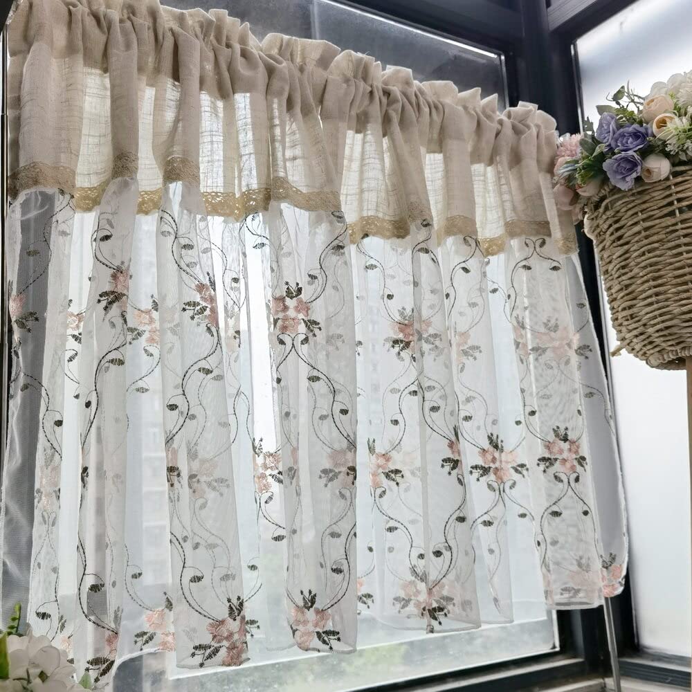 **Pink Floral Embroidery Sheer Short Curtain - Breathable Faux Linen Valance with Rod Pocket - Perfect for Kitchen, Cafe, Balcony & Window Treatment - 1 Panel**    *(Use Scenarios: Ideal for adding a cozy, elegant touch to kitchens, cafes, balconies, or as a decorative tier curtain for windows.)*