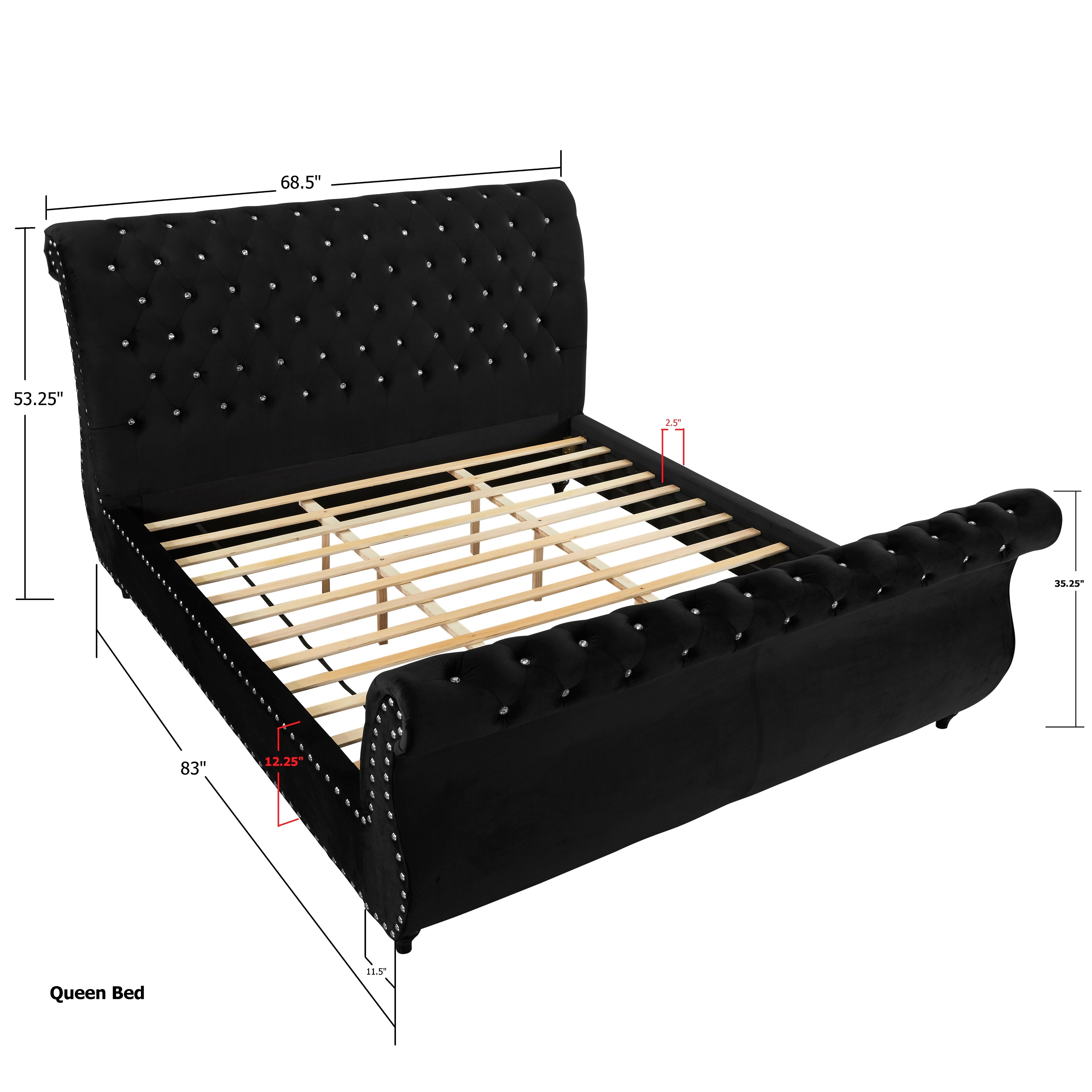 Roundhill Furniture Evora Velvet Upholstered Crystal Button Tufted Sleigh Bed - Queen Size Black Luxury Bed Frame for Master Bedroom | Elegant Tufted Headboard & Sturdy Wooden Base
