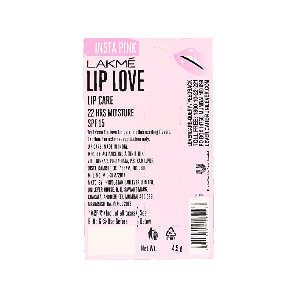 LAKMÉ Lip Love SPF 15 Lip Balm - Insta Pink, 4.5g | Moisturizing, Smooth & Soft Lips | Sun Protection | Perfect for Daily Use, Outdoor Activities & Makeup Routine