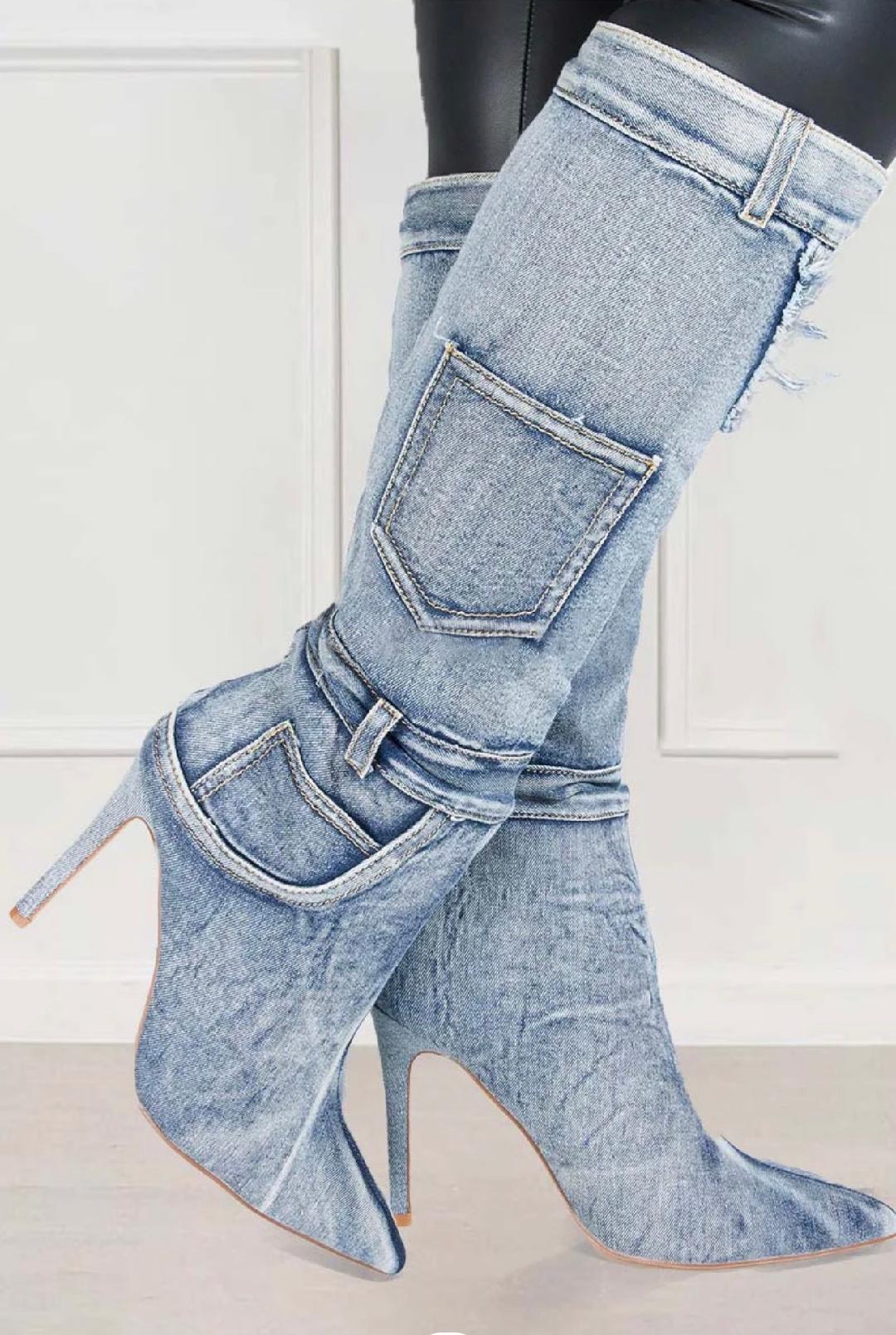Scarlet Denim Boots for Women - Stylish High Top Ankle Boots with Chunky Heel | Perfect for Casual Outfits, Fall Fashion, and Night Out