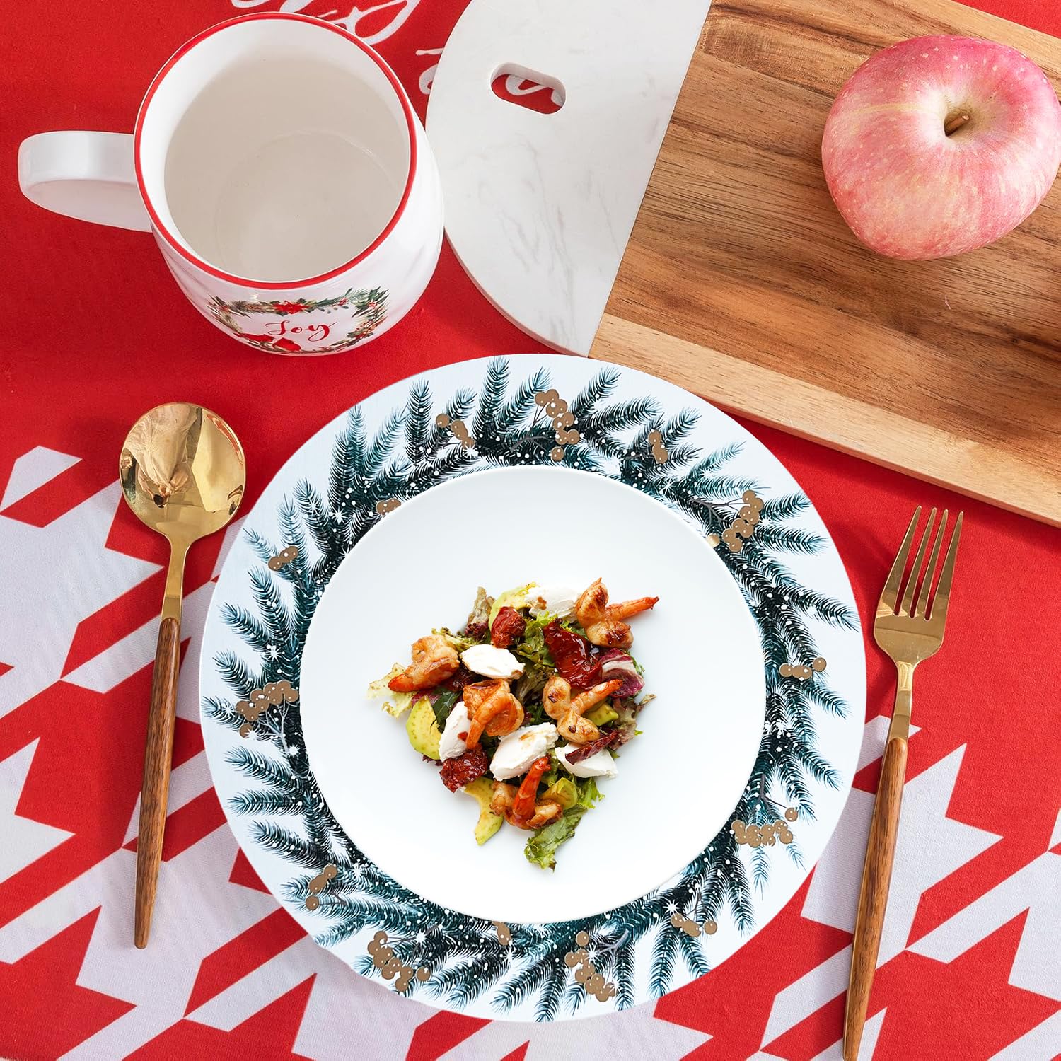 Henilosson 13-Inch Round Christmas Wreath Charger Plate - Holiday Dinnerware Set of 6 White Decorative Placemats - Perfect for Christmas Dinner, New Year's Party & Festive Table Setting