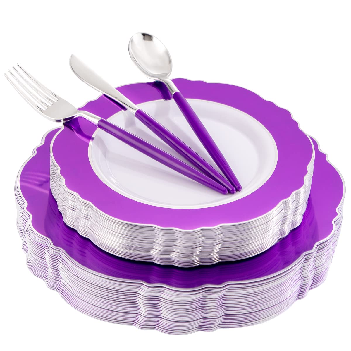 WDF 30-Piece Purple Plastic Disposable Plate Set for Halloween - Includes 60 Purple Plates, 30 Gold Forks, 30 Gold Spoons & 30 Gold Knives - Elegant Baroque Style Party Tableware - Perfect for Halloween Dinners, Themed Parties & Spooky Celebrations