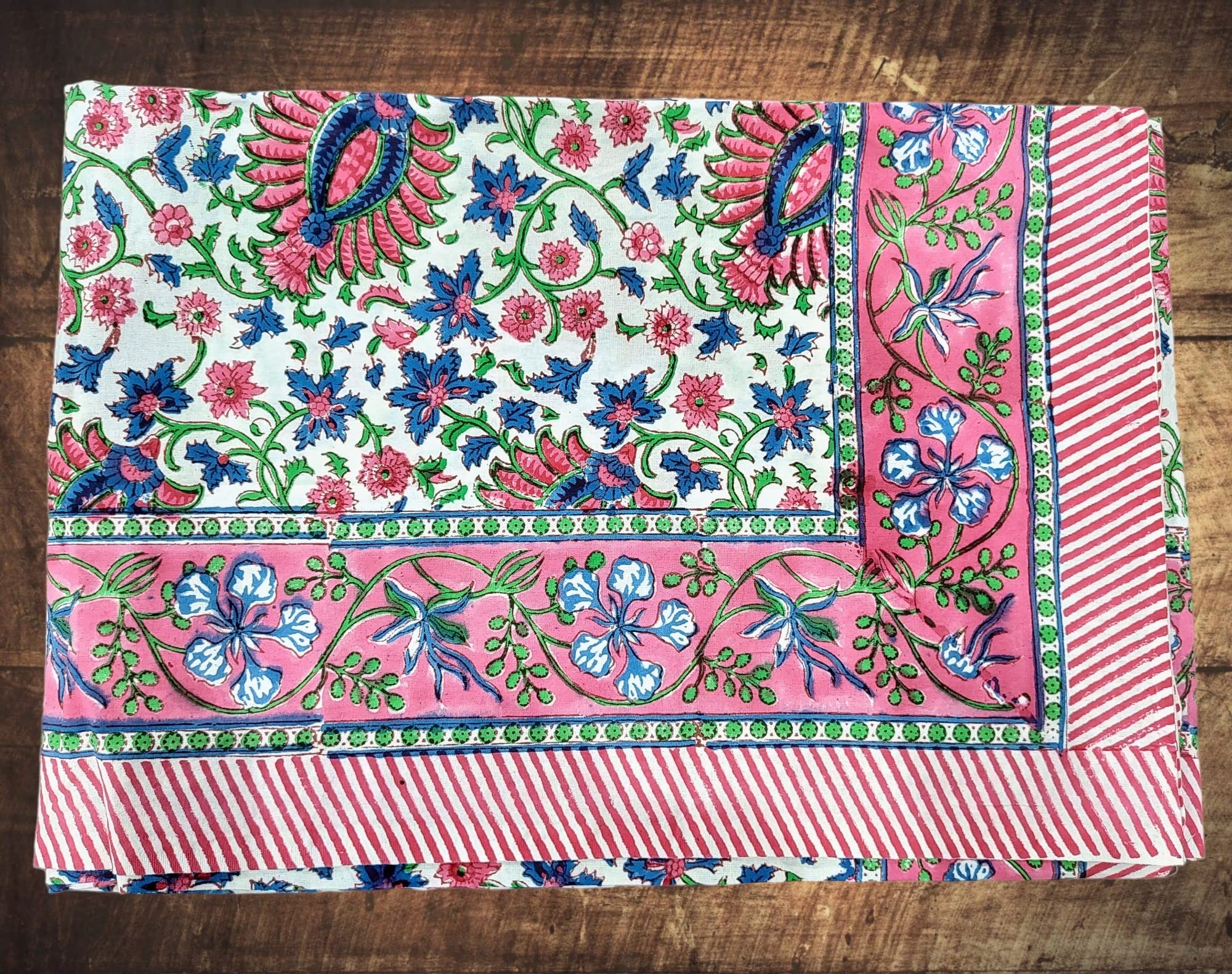 100% Cotton Hand Block Print Tablecloth - Washable & Durable 60x90 Inch Rectangular Table Cover for Easter, Thanksgiving, Christmas, Weddings - Pink Floral Farmhouse Dining Decor - Perfect for Holiday Parties, Fall Decorations & Special Occasions
