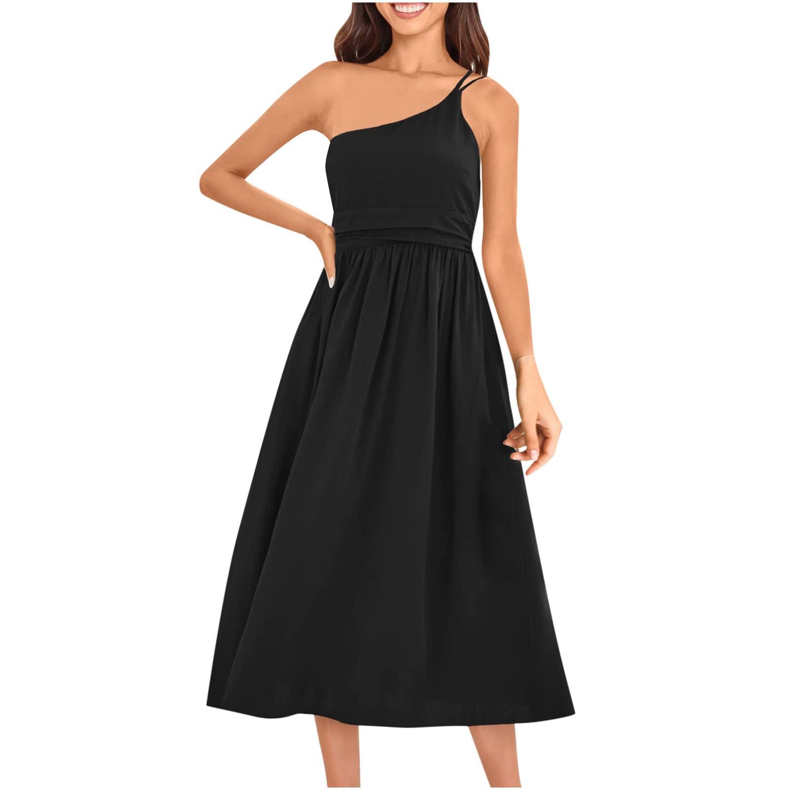 Elegant One Shoulder Spaghetti Strap Midi Dress for Women - JEGULV Semi Formal Wedding Guest A-Line Dress | Perfect for Cocktail Parties, Bridal Showers & Special Occasions