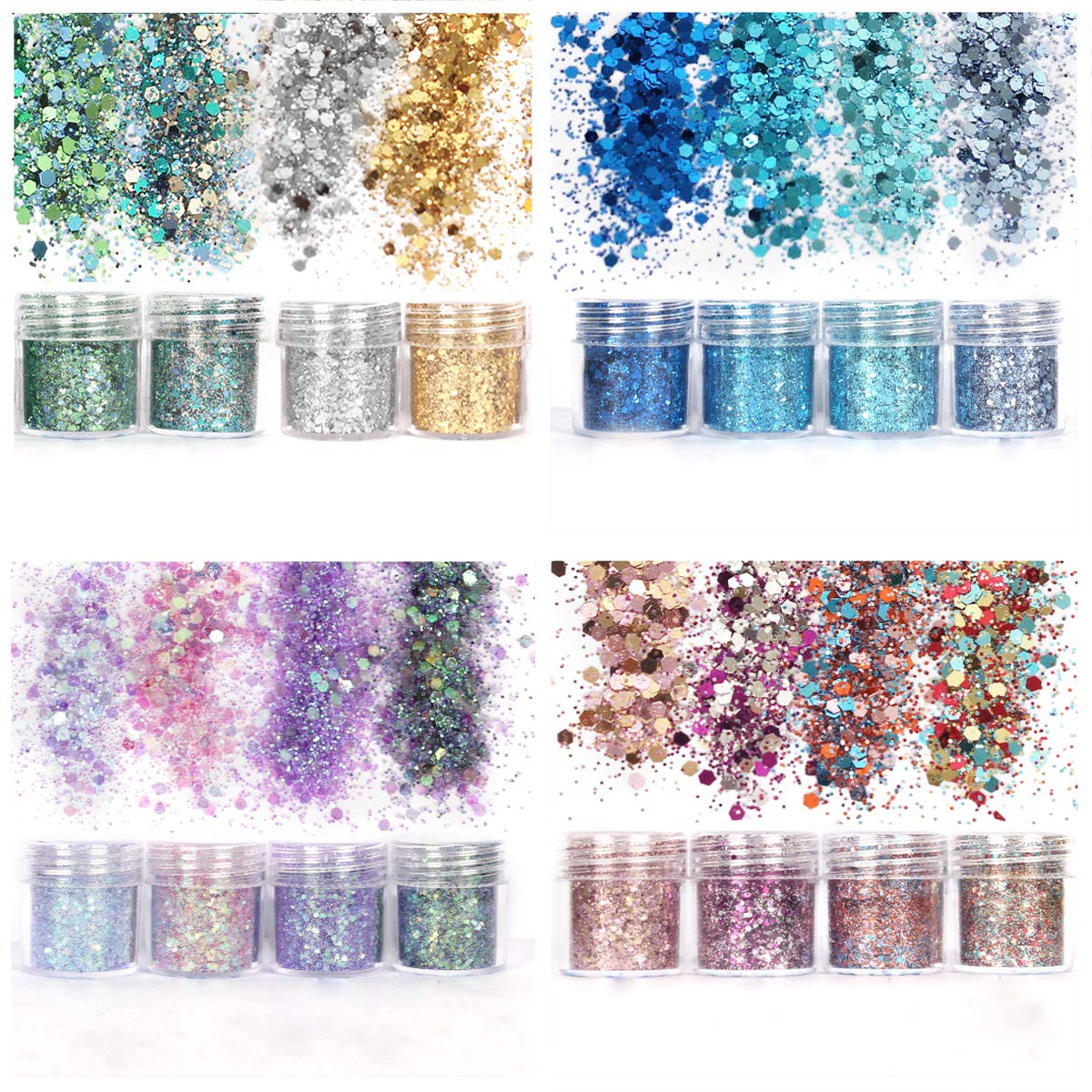 16 Colors Chunky Body Glitter for Face, Hair & Nail Art - Long Lasting Cosmetic Glitter for Festival Makeup, Rave Parties & DIY Crafts