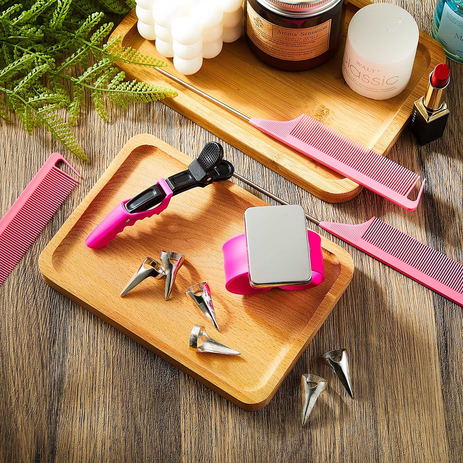 8-Piece Hair Styling Kit with 6 Sectioning Clips, 2 Rat Tail Combs & Magnetic Wristband - Rose Red | Professional Hairdressing Tools for Braiding, Styling & Salon Use