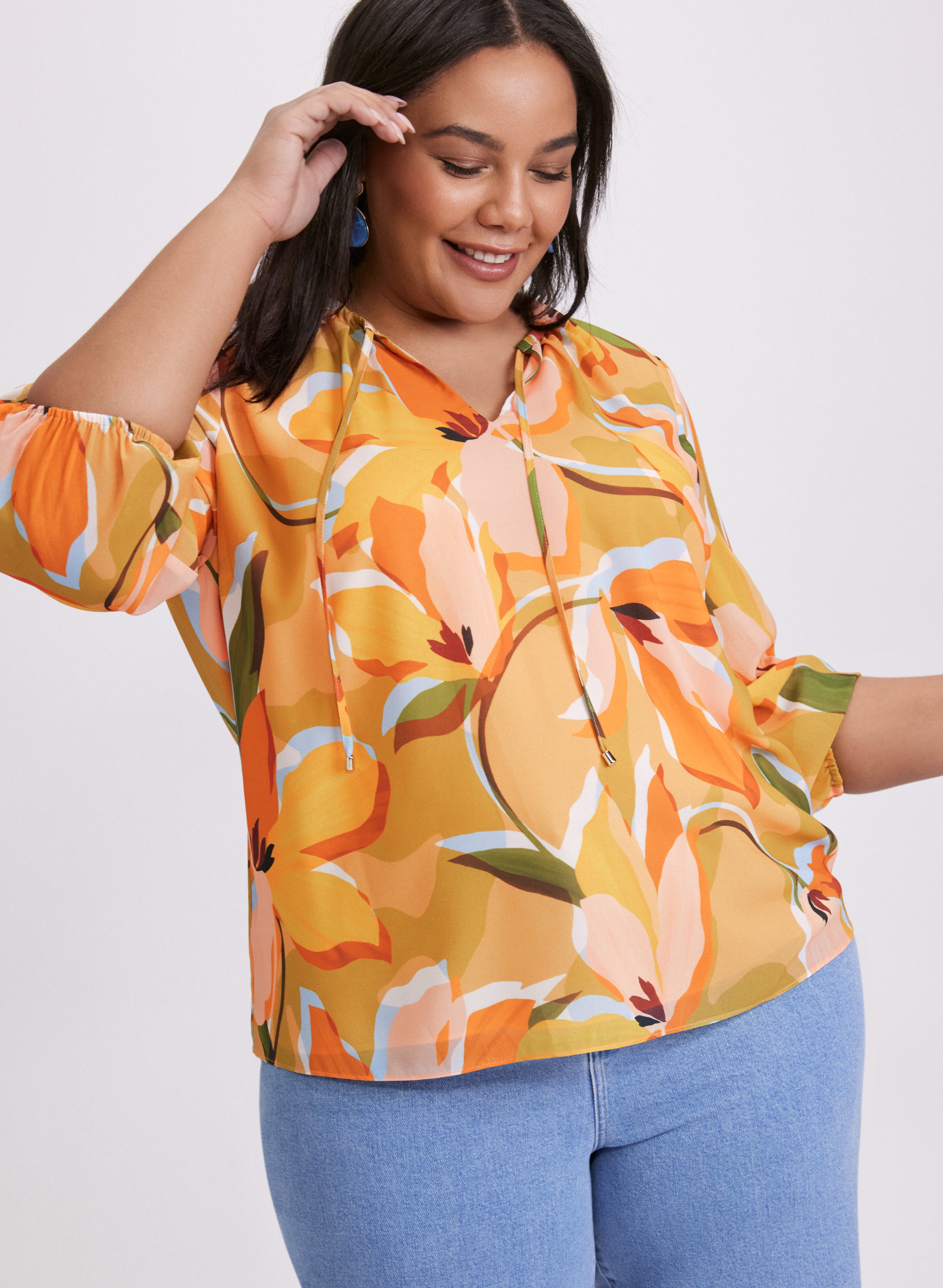 Floral Split Neck Blouse for Women - Elegant V-Neck Flowy Tops - Summer Casual & Office Wear - Perfect for Work, Date Night & Special Occasions
