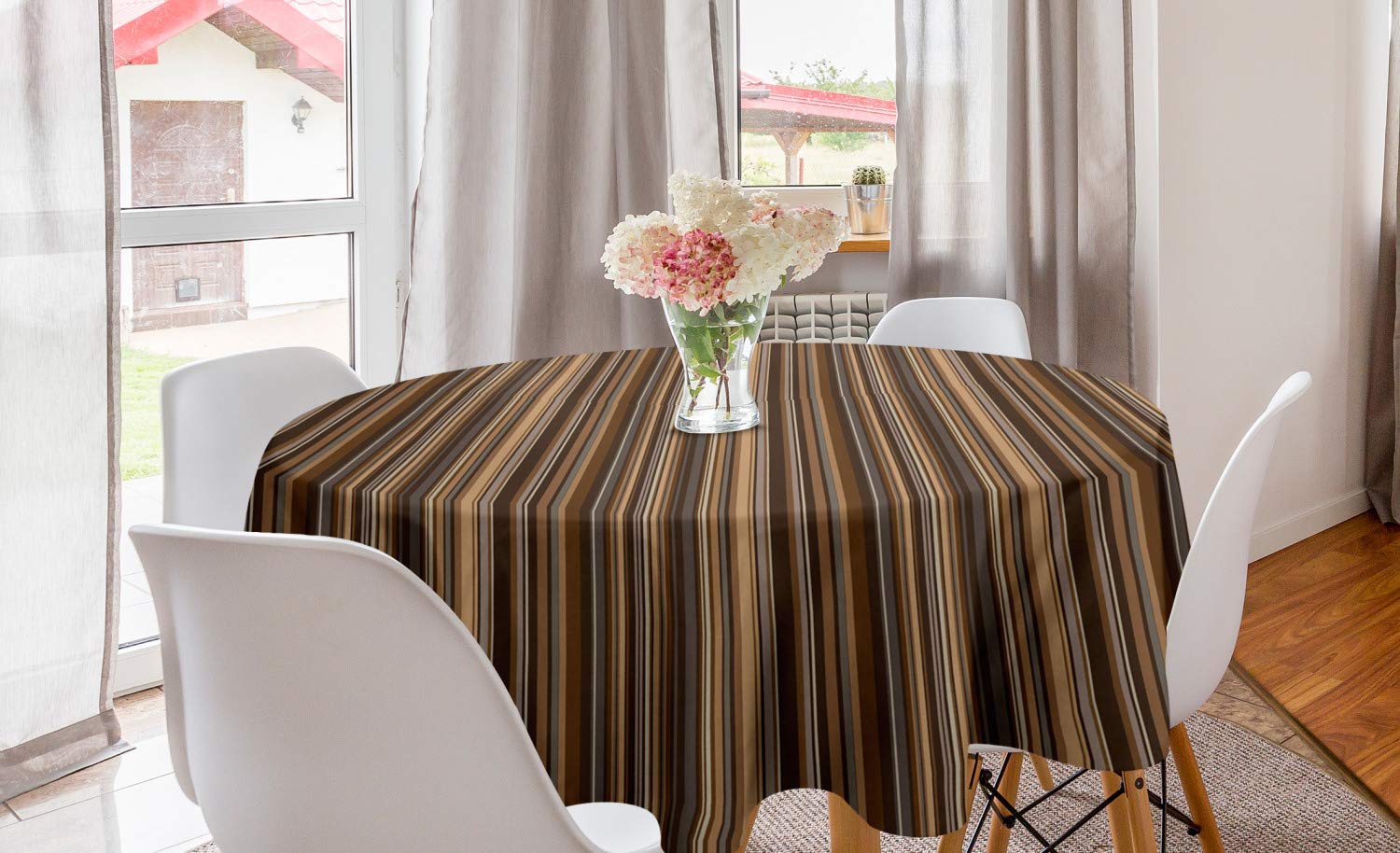 Ambesonne Abstract Round Tablecloth with Vertical Earthen Toned Stripes - 60 Inch Circle Table Cover for Dining Room & Kitchen Decor in Pale Caramel Chocolate | Perfect for Dinner Parties, Holiday Gatherings & Home Styling
