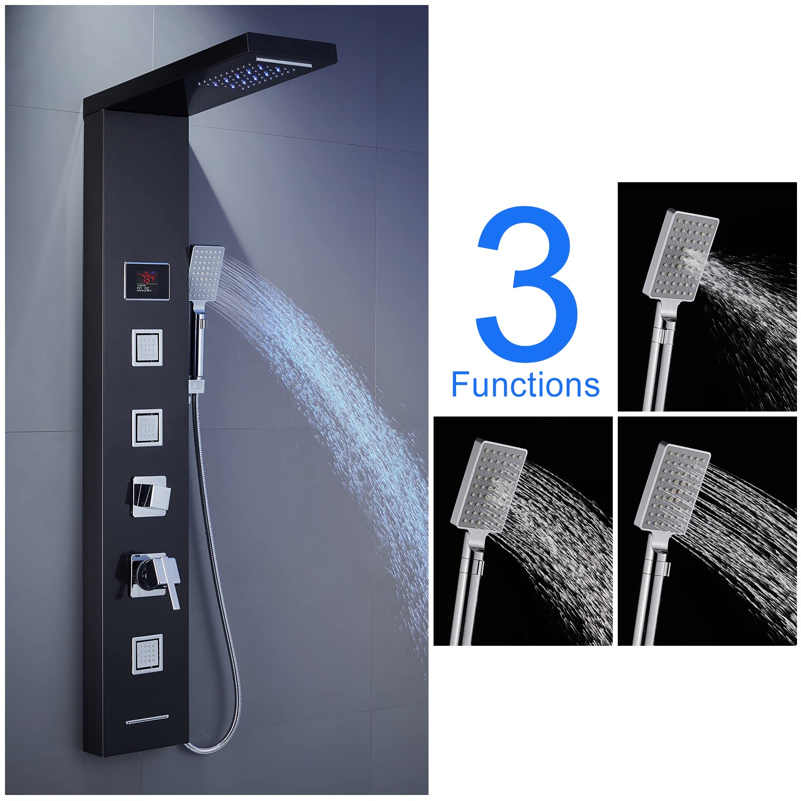 Premium LED Shower Panel Tower System - Black Stainless Steel 304 with 5-Function Rainfall, Waterfall & Body Jet Massage for Spa-Like Bathroom Experience | Perfect for Master Bathroom, Luxury Hotel & Wellness Center