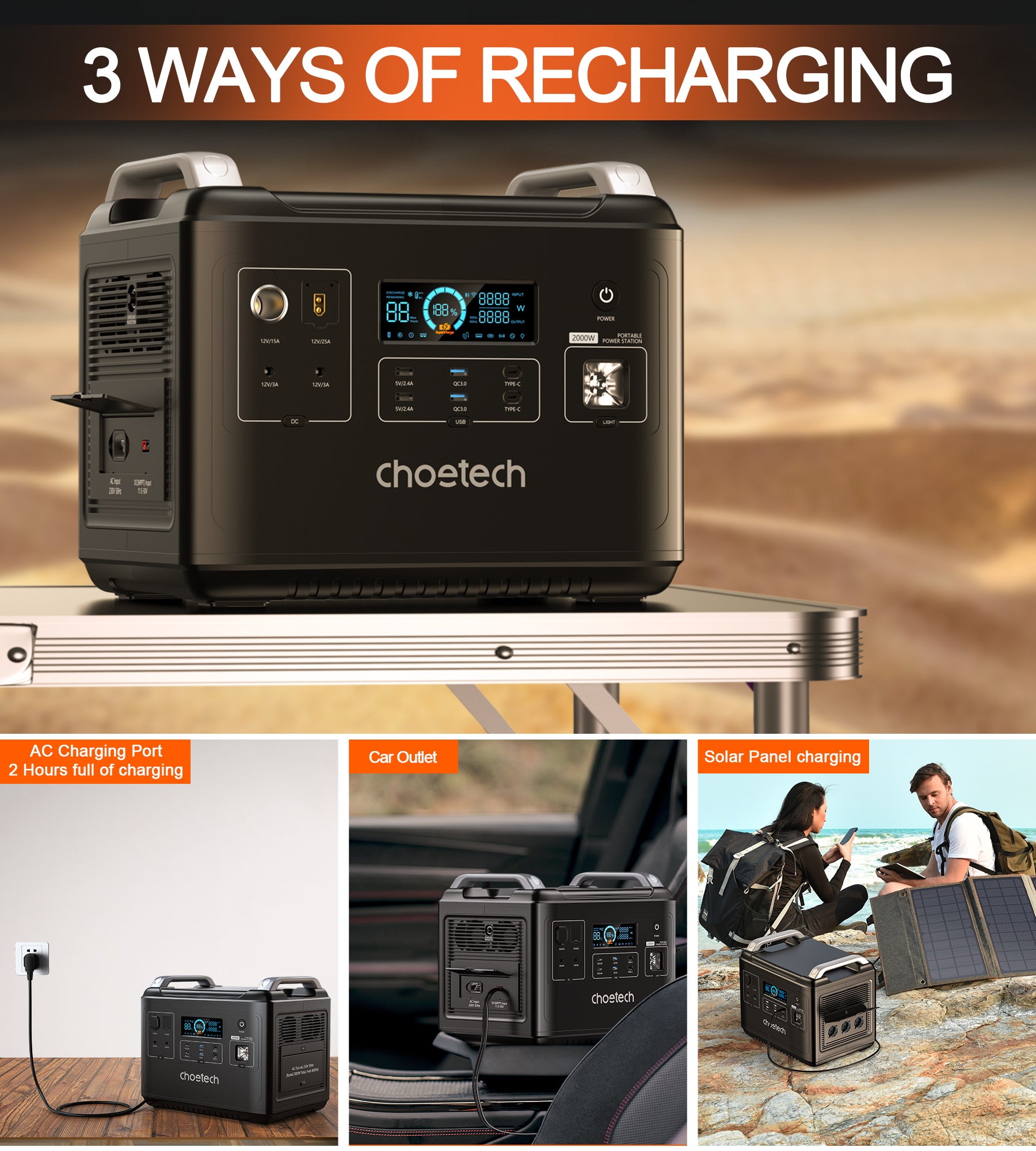 Choetech BS006 2000Wh Portable Power Station with Bidirectional Charging - Perfect for Camping, Emergencies & Off-Grid Power