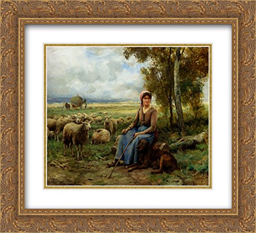 Julien Dupre Shepherdess Watching Over Her Flock - 22x20 Inch Gold Ornate Framed Art Print with Double Matting | Museum Quality Wall Decor for Living Room, Bedroom & Office