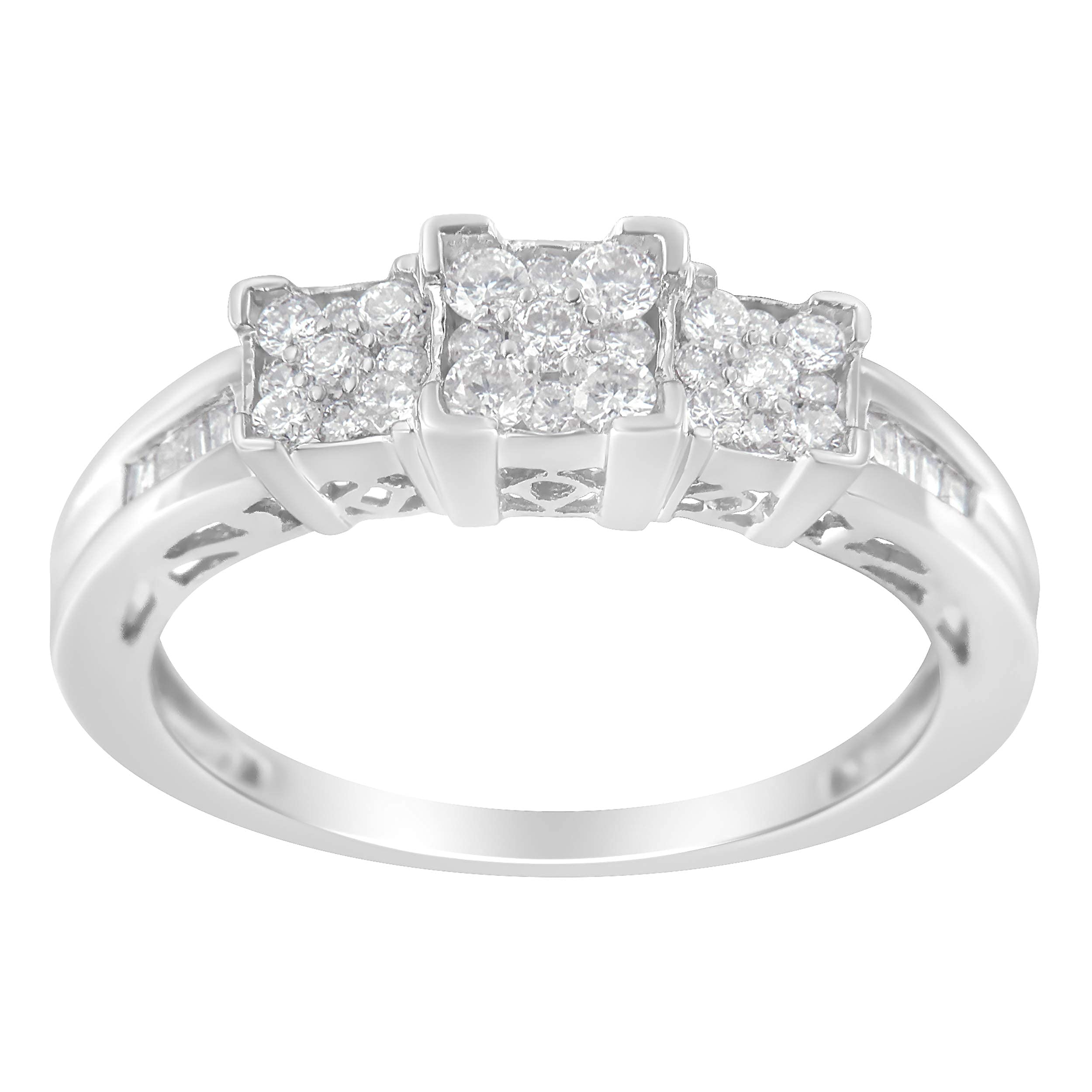 10K White Gold 1/2 Cttw Diamond Engagement Ring - 3 Stone Design with Brilliant & Baguette Cut Diamonds, 3 Clusters & Channel Set Band (H-I Color, SI2-I1 Clarity) - Perfect for Proposals, Weddings & Anniversary Gifts