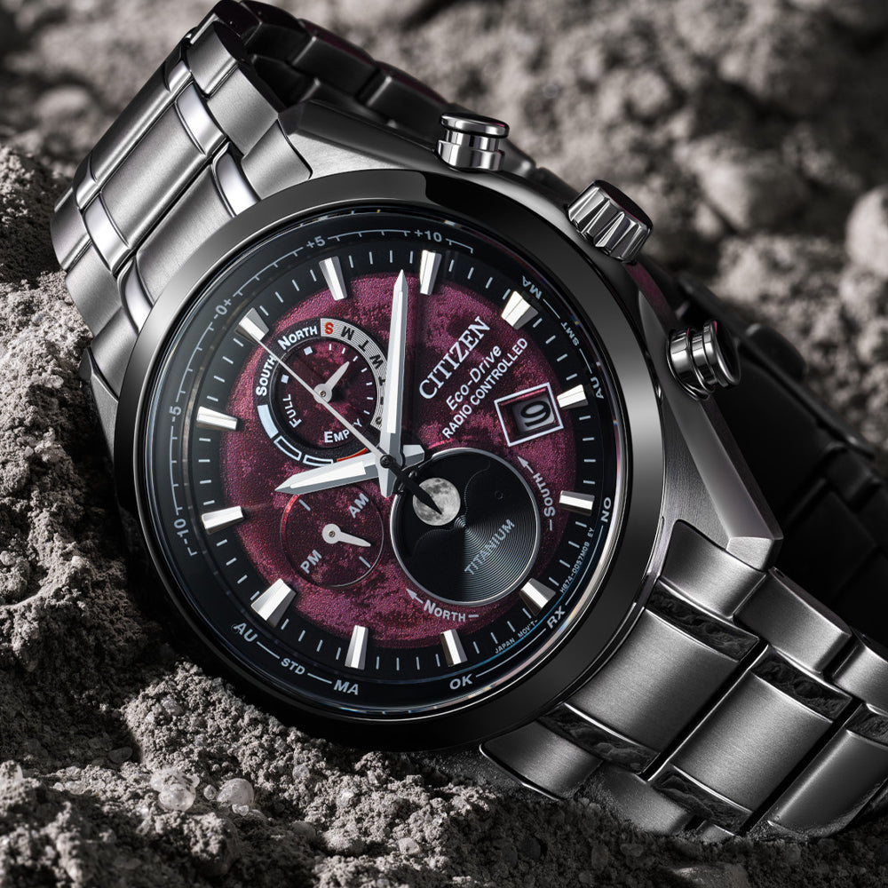 Tsuki Yomi A T Sport Luxury H874 Eco Drive 43mm Men's Watch - Red Dial on Stainless Steel Bracelet - Perfect for Business, Casual & Outdoor Activities