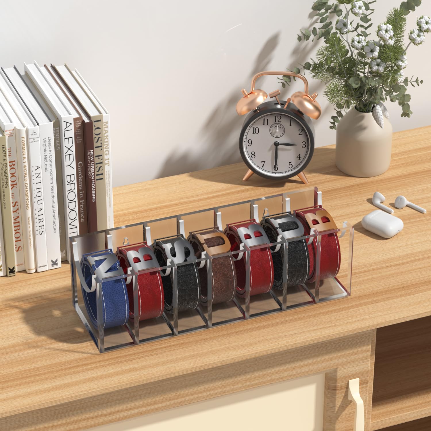 GTI Belt Organizer - 7 Compartment Acrylic Tie & Belt Storage Case for Men & Women - Closet & Drawer Organizer for Neat Accessory Display (Perfect for Home, Office & Travel Organization)
