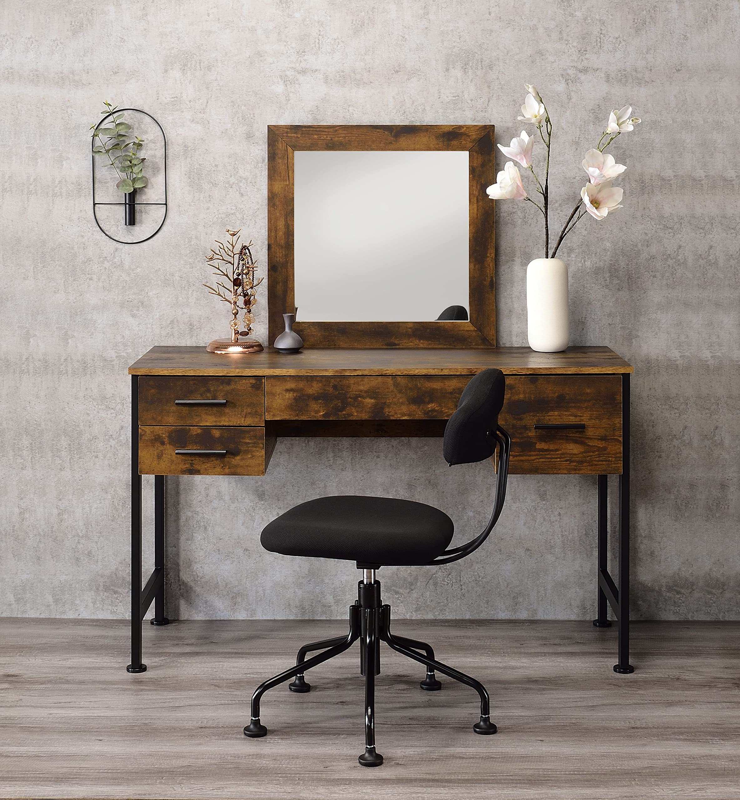 Elountik Industrial Vanity Desk & Mirror Set - Rustic Oak & Black Finish, 4-Drawer Dressing Table for Bedroom & Dressing Room | Perfect for Makeup, Hair Styling & Home Decor