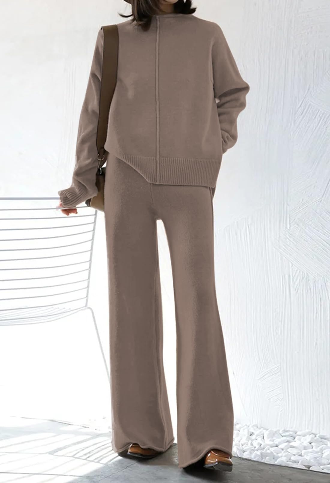 Linsery Women's 2-Piece Knit Sweater Set - High Neck Pullover & Wide Leg Lounge Pants | Cozy Winter Outfit for Home, Office & Casual Wear