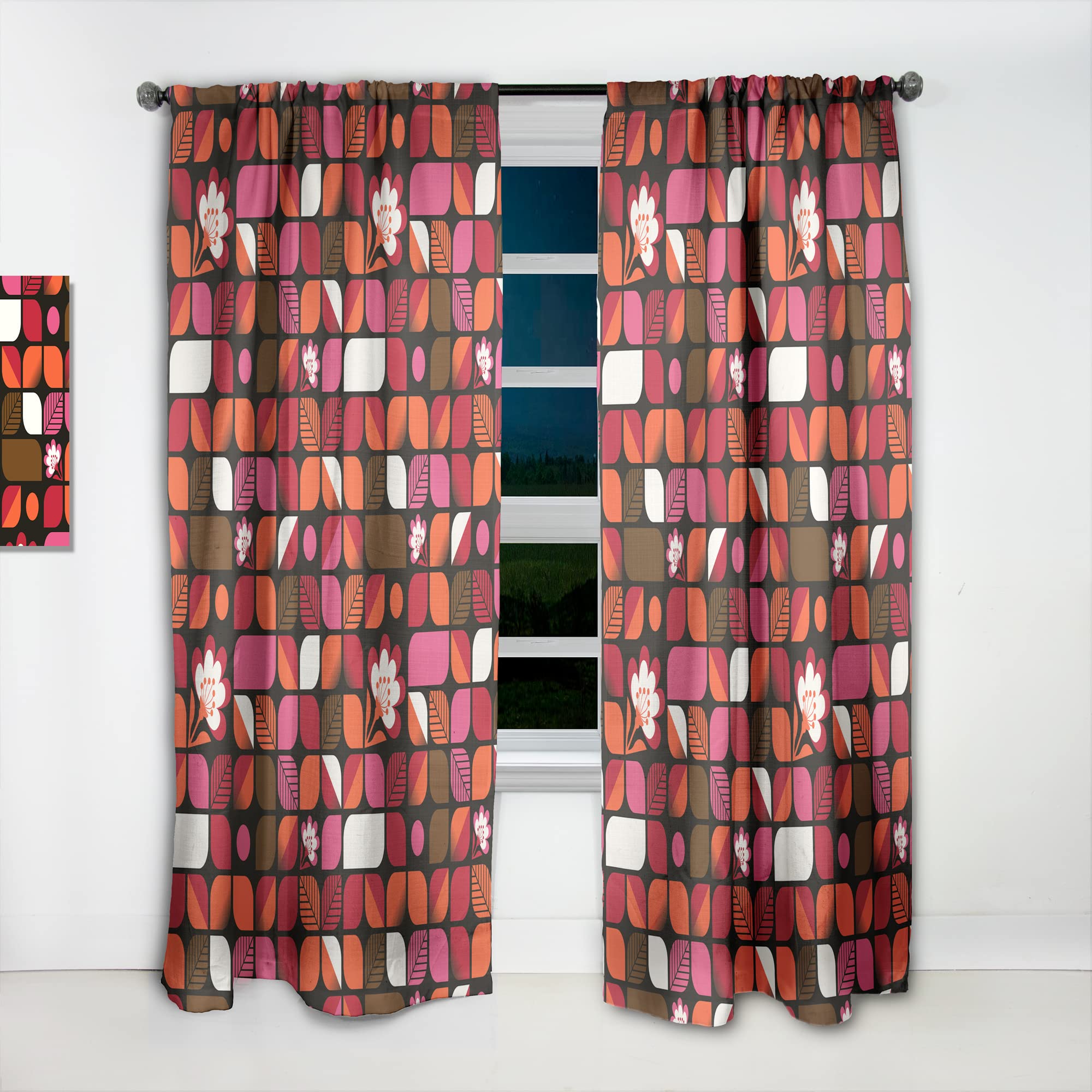 DesignQ Geometric Retro Floral Print Curtains - Thermal Insulated Single Panel Window Drapes 52x108 Inches for Bedroom & Living Room - Perfect for Home Decor & Light Blocking