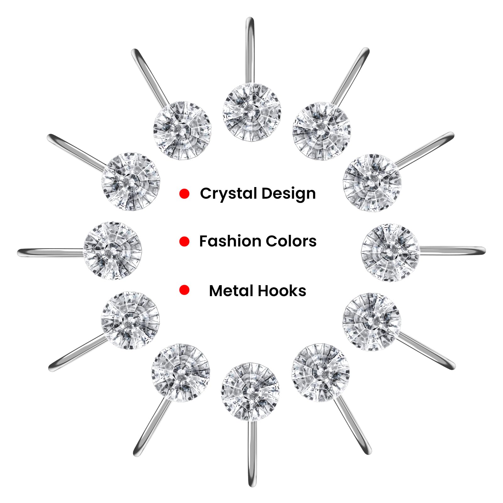 12PCS Crystal Shower Curtain Hooks - Diamond Shaped Bathroom Decor Hooks for Shower Curtains & Rods, Clear - Perfect for Modern Bathroom, Spa, Hotel & Home Decor