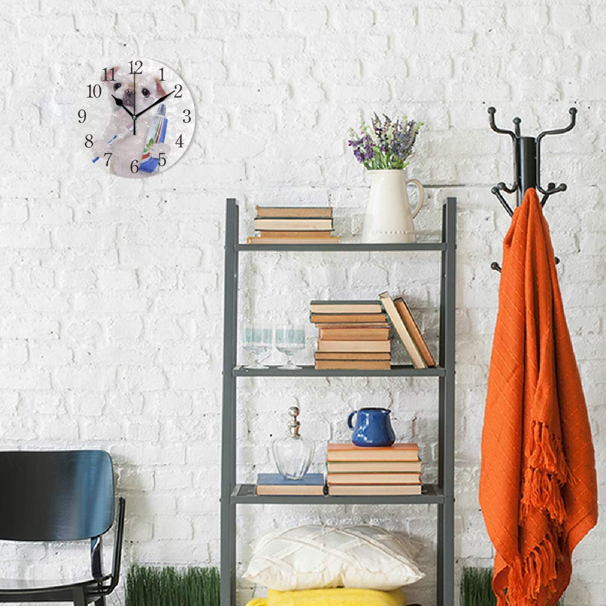 Silent Non-Ticking Dog Brushing Teeth Wall Clock with Arabic Numerals - Perfect for Living Room, Kitchen, Bedroom & Kids Room | Cute Pet-Themed Home Decor for Dog Lovers