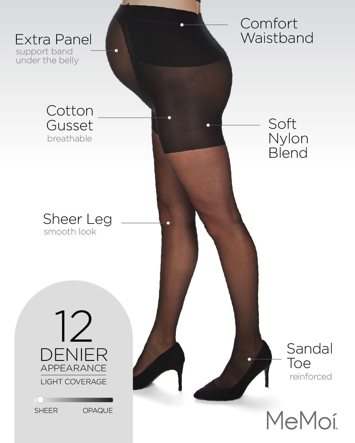 MeMoi Women's 12 Denier Sheer Maternity Pantyhose - Extra Large Waist Support - Comfortable & Stretchy Pregnancy Tights for Work, Daily Wear & Special Occasions