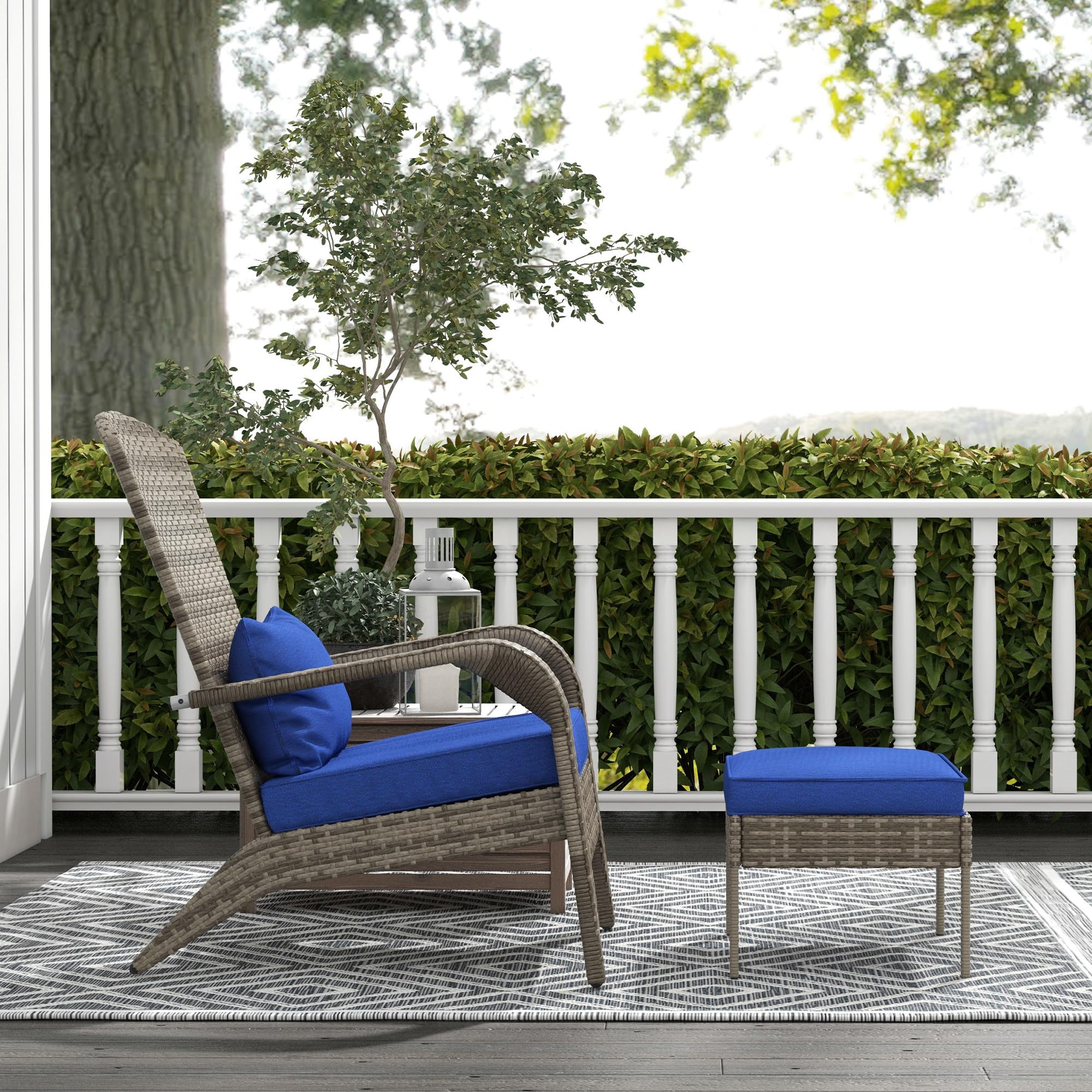 Outsunny Dark Blue Wicker Adirondack Chair with Ottoman & Cushions - High-Back Outdoor Patio Furniture with Large Seat & Armrests - Perfect for Deck, Garden, Backyard & Fire Pit Relaxation