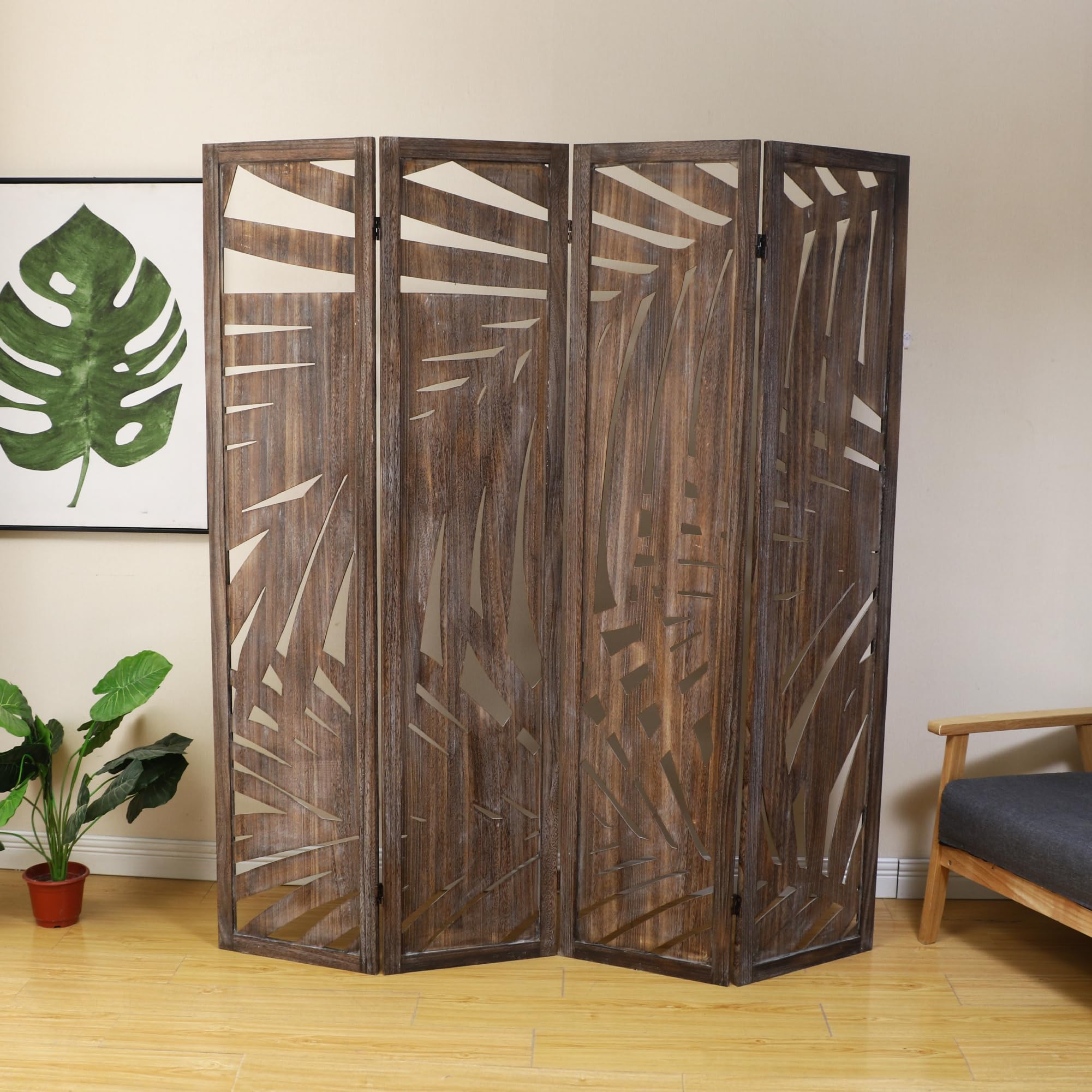 Proman Products - Wooden Room Divider Folding Screen with Palm Leaf Design, Smoked Brown - Perfect for Home, Office, and Event Decor - Adds Privacy and Tropical Style to Any Space